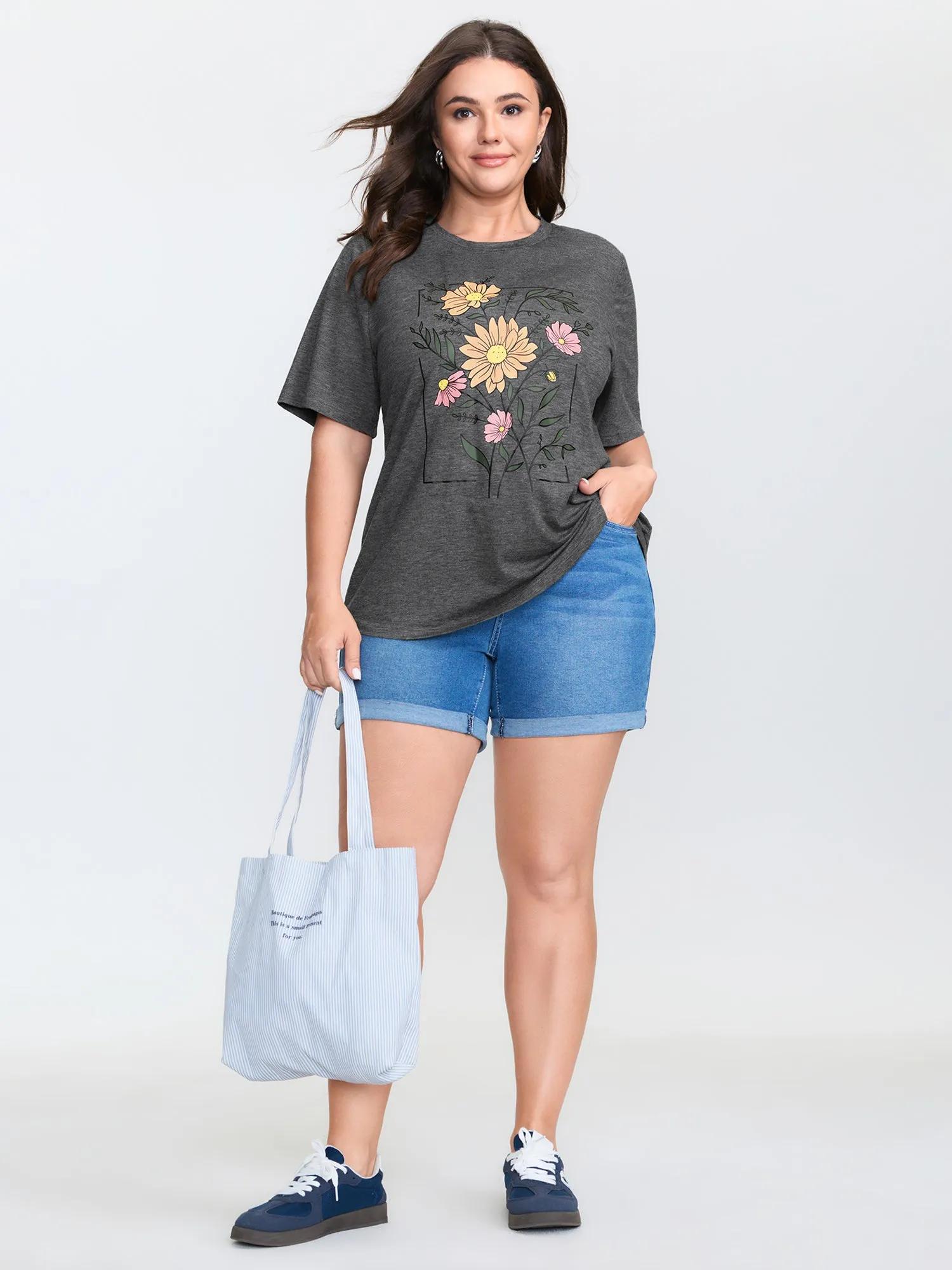 Graphic Floral Print Round Neck T-Shirt sold by Bloomchic product image thumbnail 3