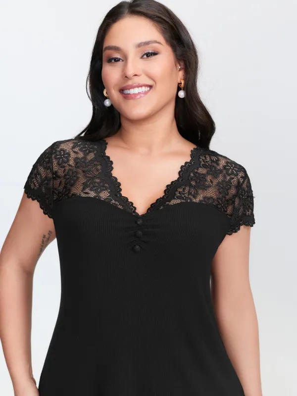 Sheer Lace Neckline Shirred Knit Top made by Bloomchic