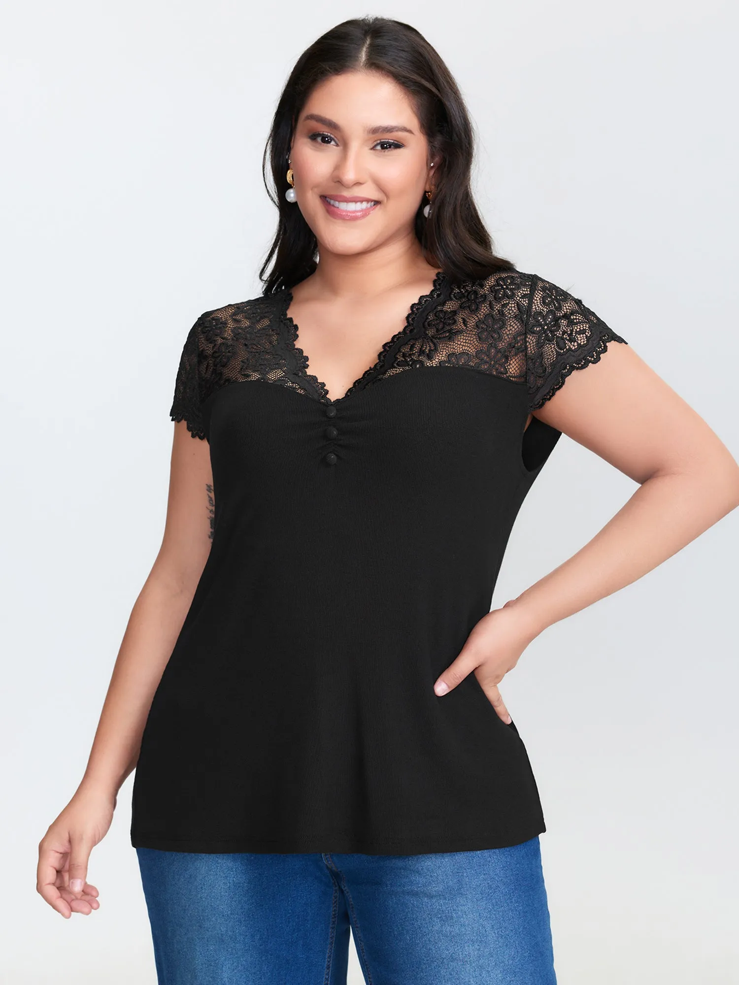 Sheer Lace Neckline Shirred Knit Top sold by Bloomchic product image thumbnail 2