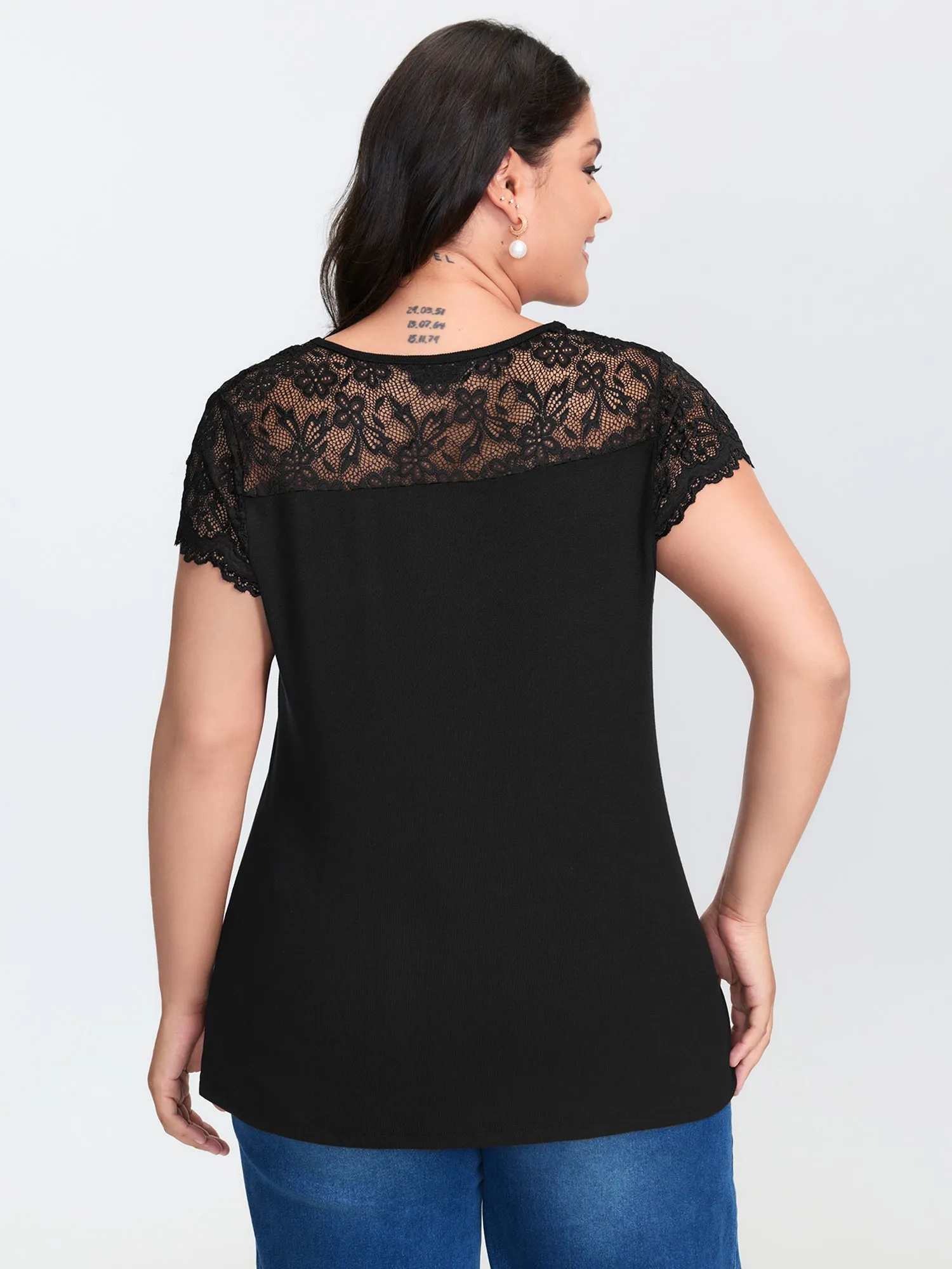 Sheer Lace Neckline Shirred Knit Top sold by Bloomchic product image thumbnail 4