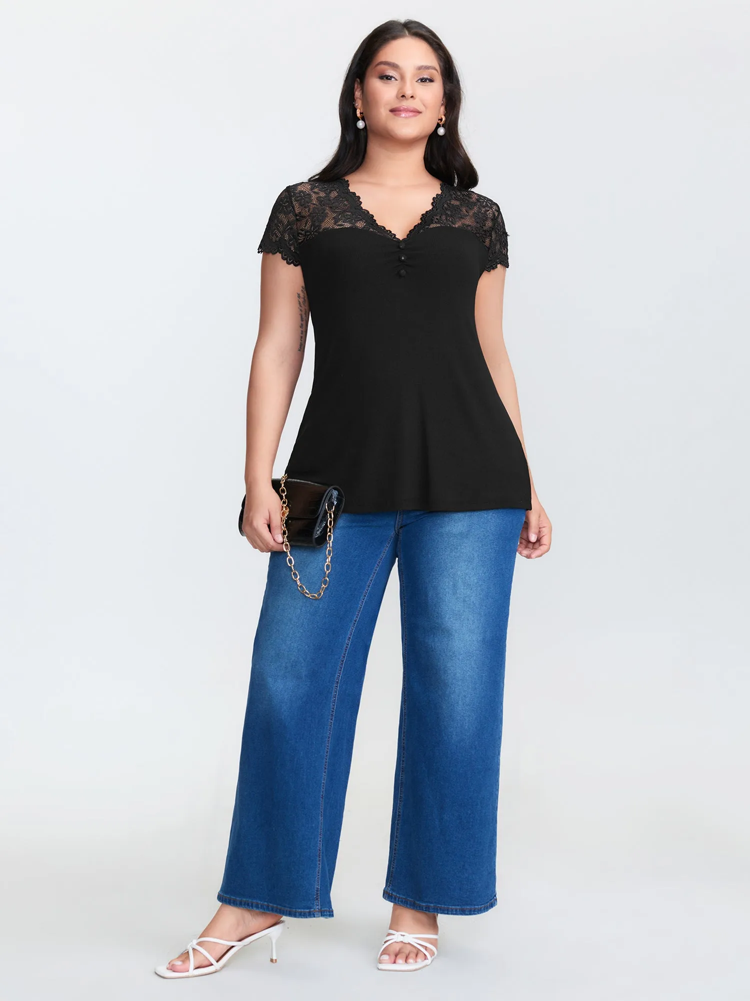 Sheer Lace Neckline Shirred Knit Top sold by Bloomchic product image thumbnail 3