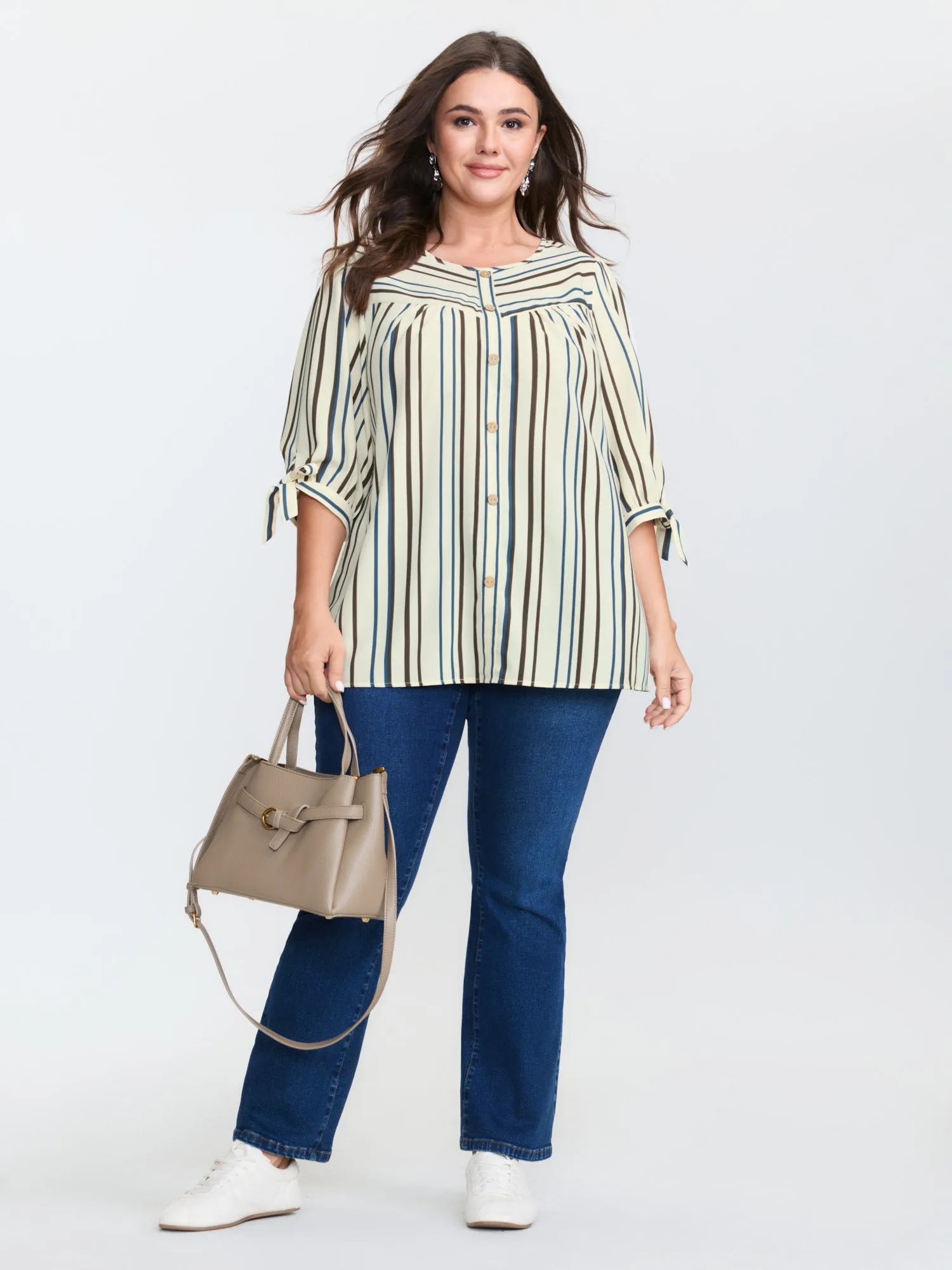 Striped Three-Quarter Sleeve Button-Down Blouse sold by Bloomchic product image thumbnail 3
