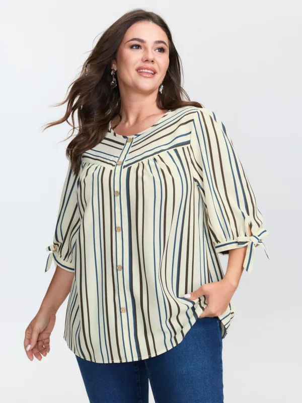 Striped Three-Quarter Sleeve Button-Down Blouse sold by Bloomchic