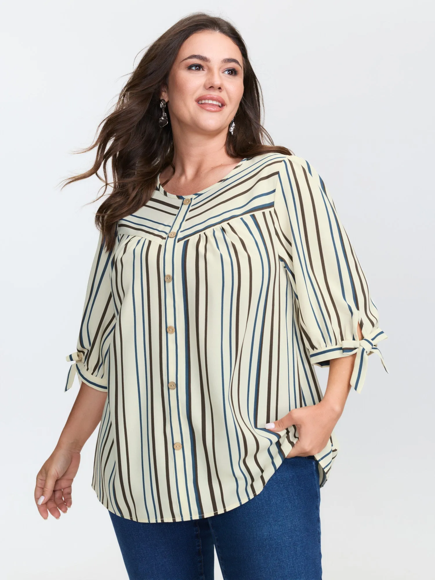 Striped Three-Quarter Sleeve Button-Down Blouse sold by Bloomchic