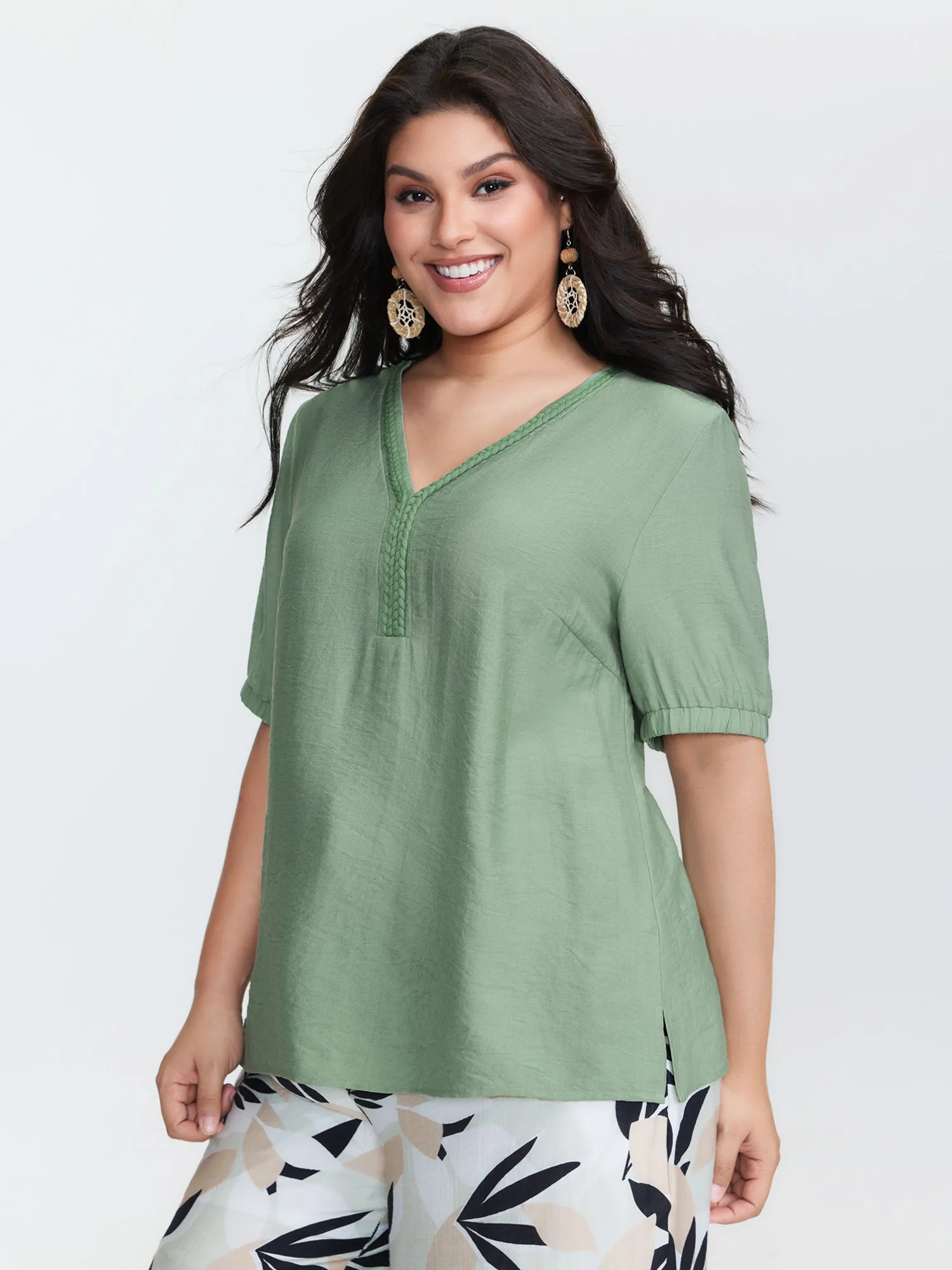 Supersoft Contrast Webbing V-Neck Blouse sold by Bloomchic