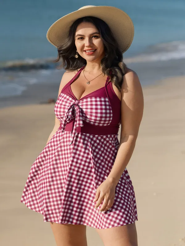 Gingham Print Color Contrast Swim Dress sold by Bloomchic