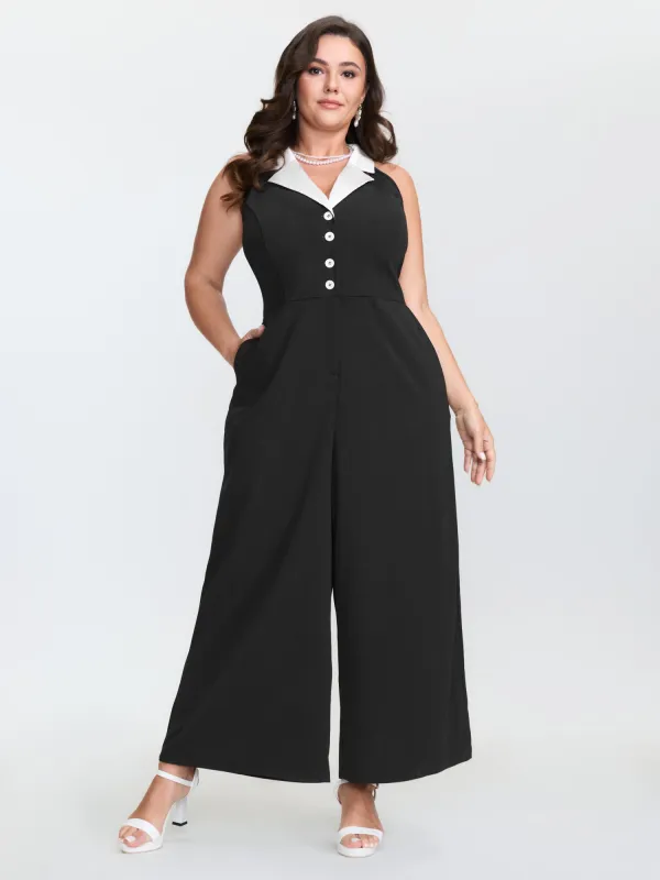 Color Contrast Lapel Collar Wide-Leg Jumpsuit made by Bloomchic