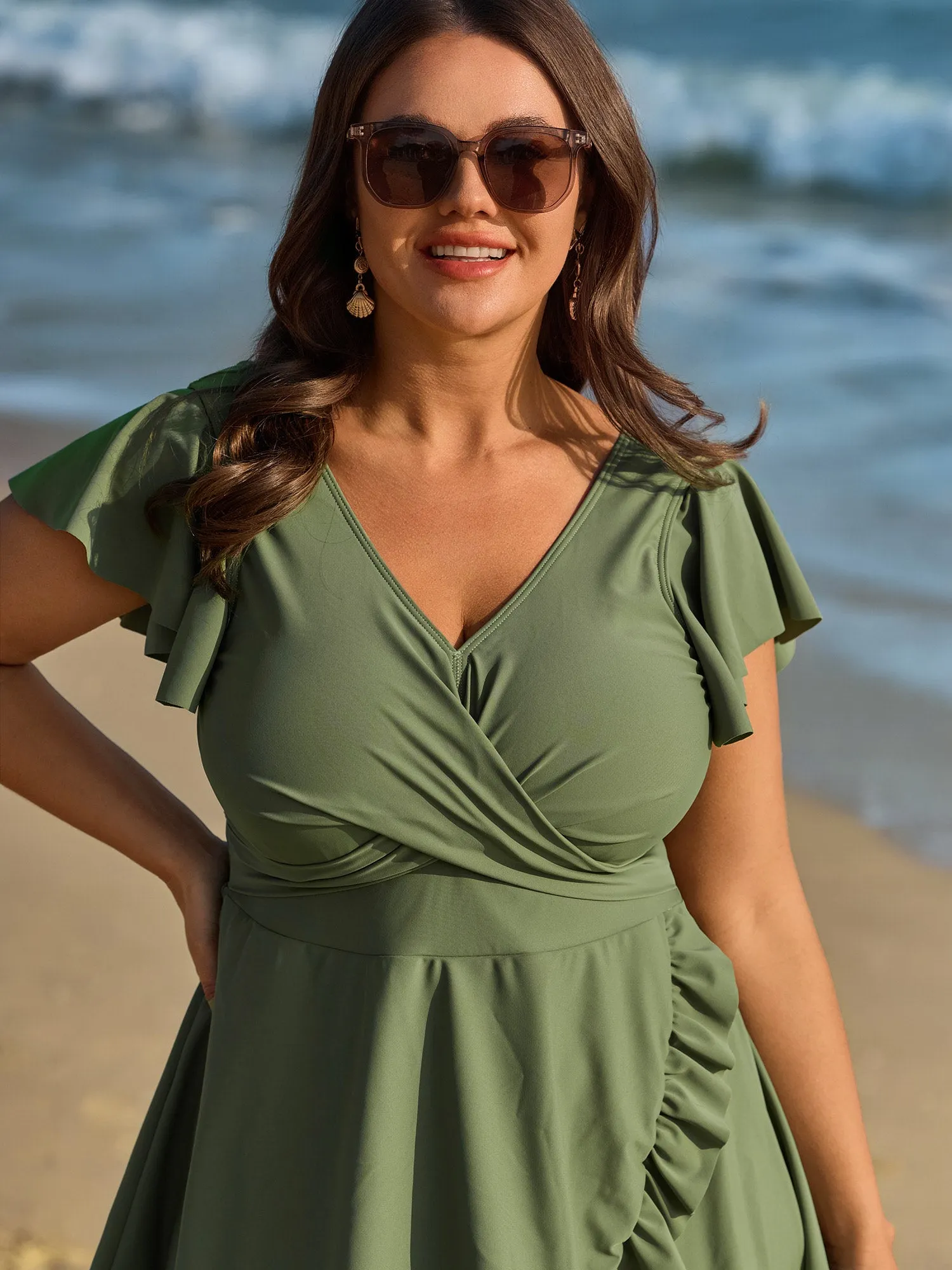 Ruffled Sleeve Curvy Hem Swim Dress sold by Bloomchic product image thumbnail 2