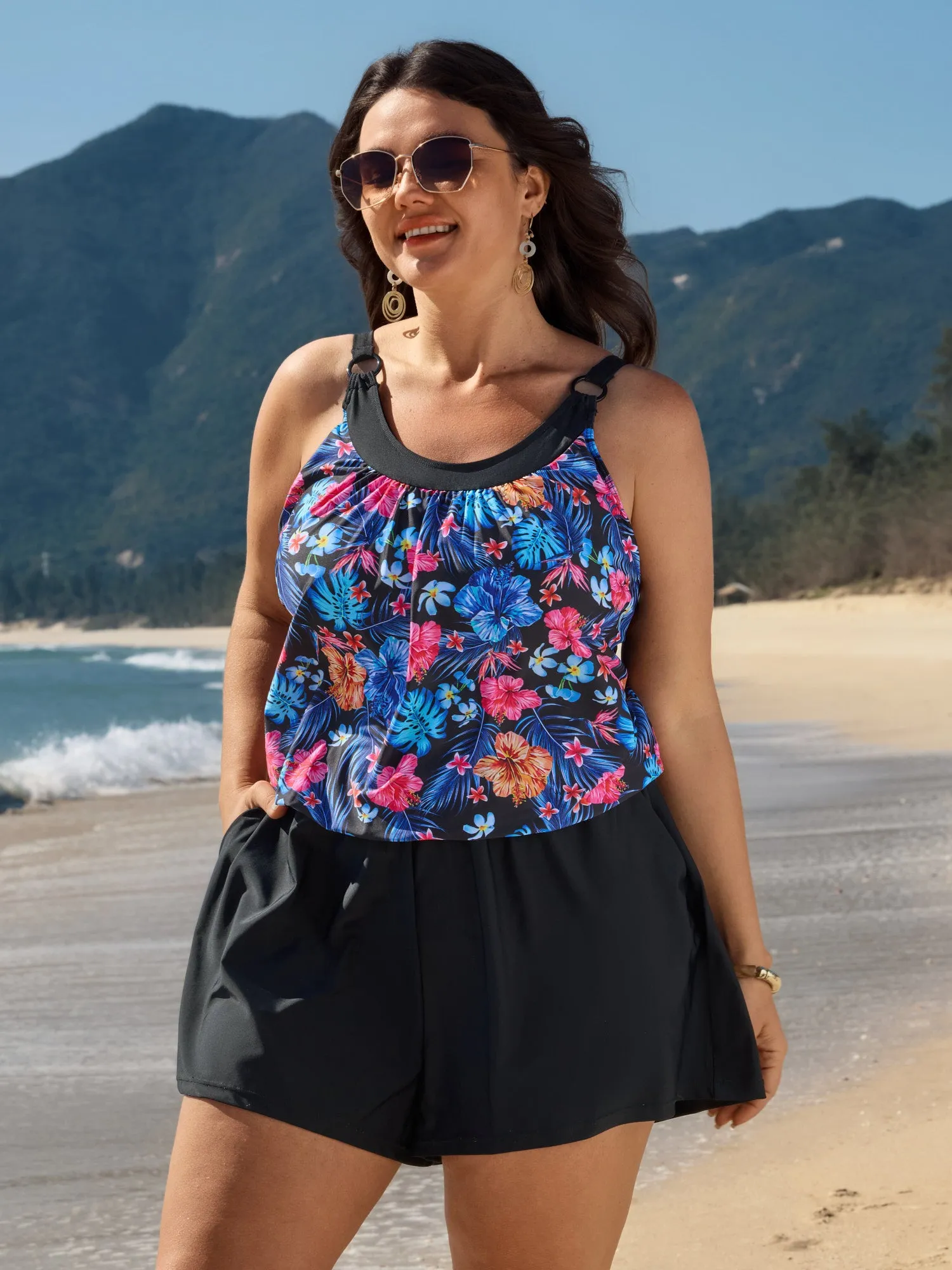 Vibrant Tropical Print Pockets One-Piece Swimsuit sold by Bloomchic