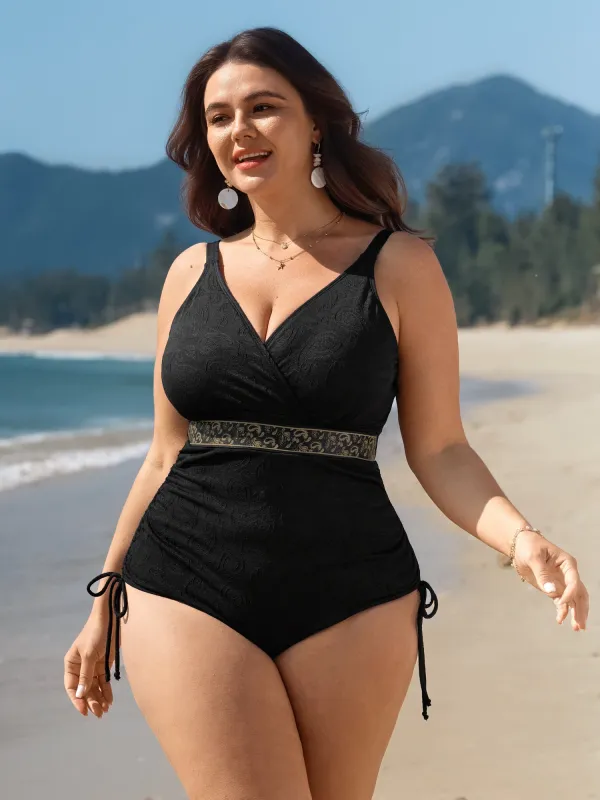 Textured Channel Drawstring One-Piece Swimsuit sold by Bloomchic