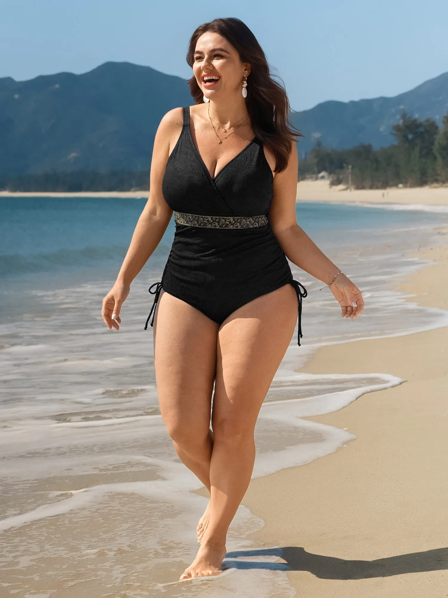 Textured Channel Drawstring One-Piece Swimsuit sold by Bloomchic product image thumbnail 3