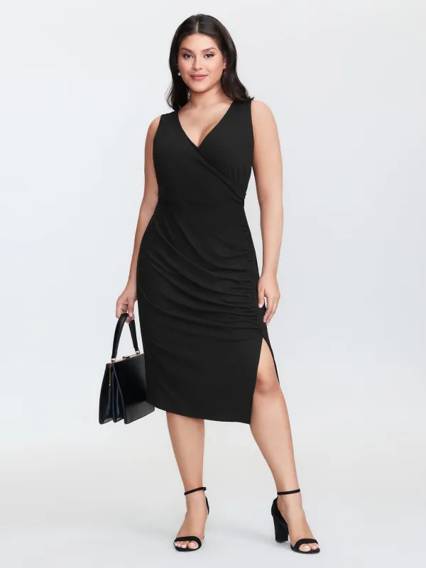 Ruched Side Slit V-Neck Midi Dress sold by Bloomchic