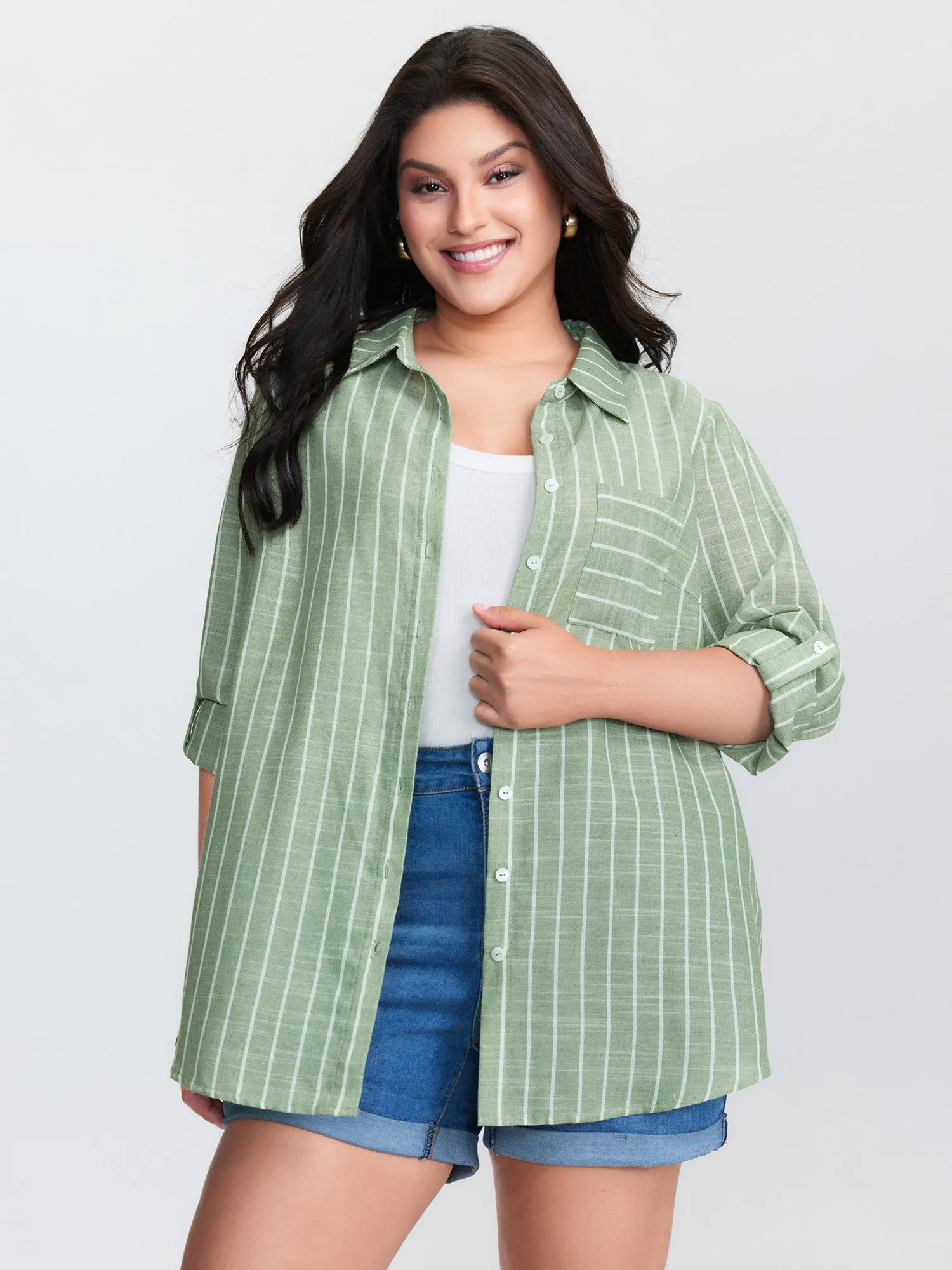 Striped Tab Sleeve Button-Down Shirt sold by Bloomchic