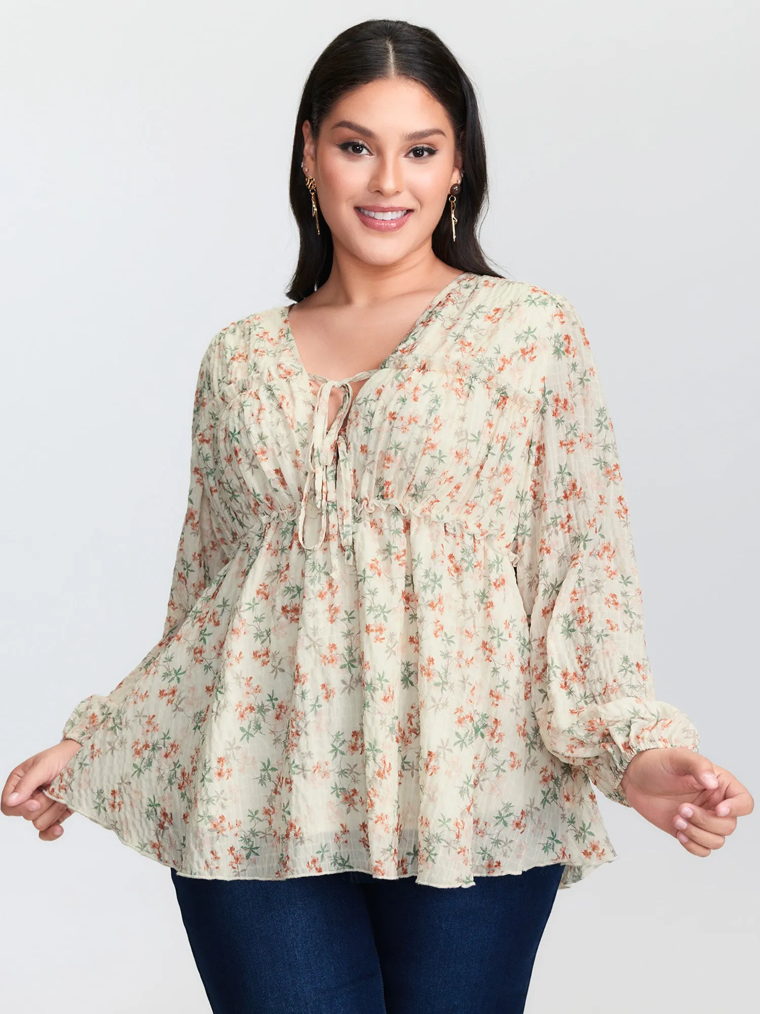 Floral Chiffon Ruffled Tie Front Blouse sold by Bloomchic