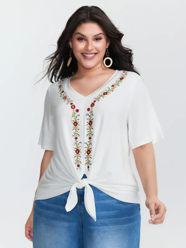 Floral Embroidered Knotted-Front Blouse sold by Bloomchic