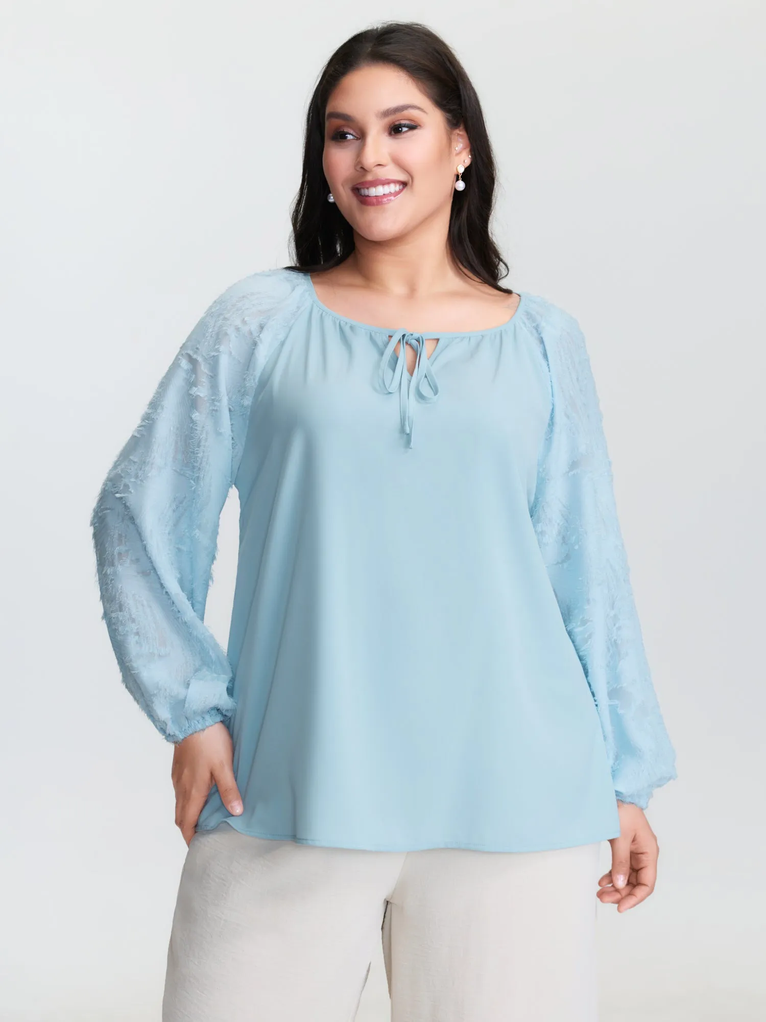 Pleated Drawstring Neckline Plain Blouse sold by Bloomchic
