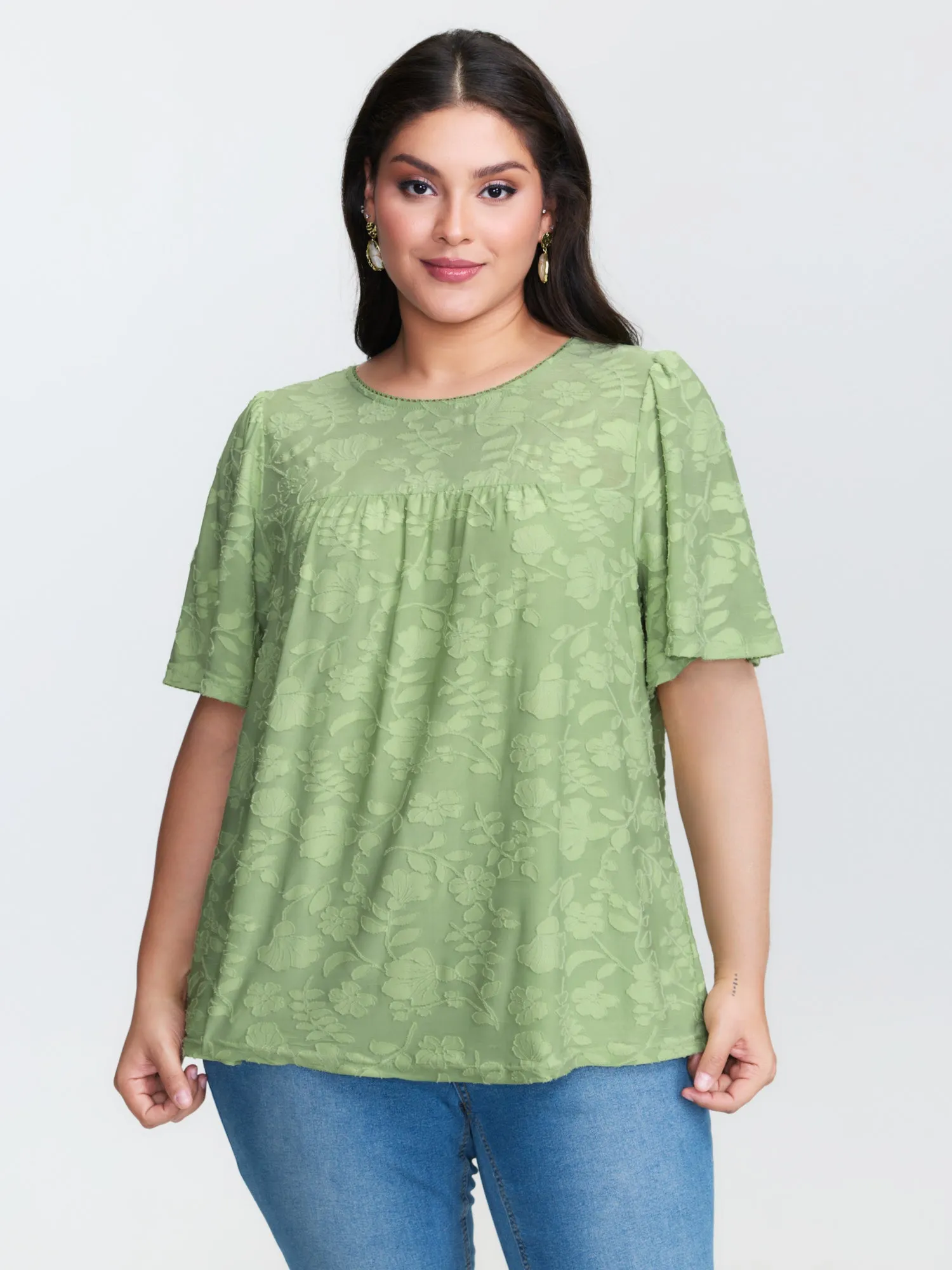 Textured Lace Neckline Flowy Sleeve Blouse sold by Bloomchic