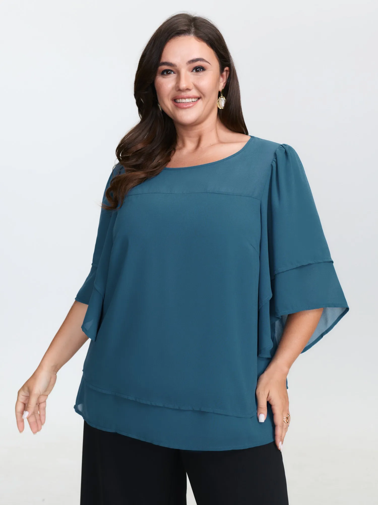 Chiffon Layered Ruffled Sleeve Flowy Blouse sold by Bloomchic