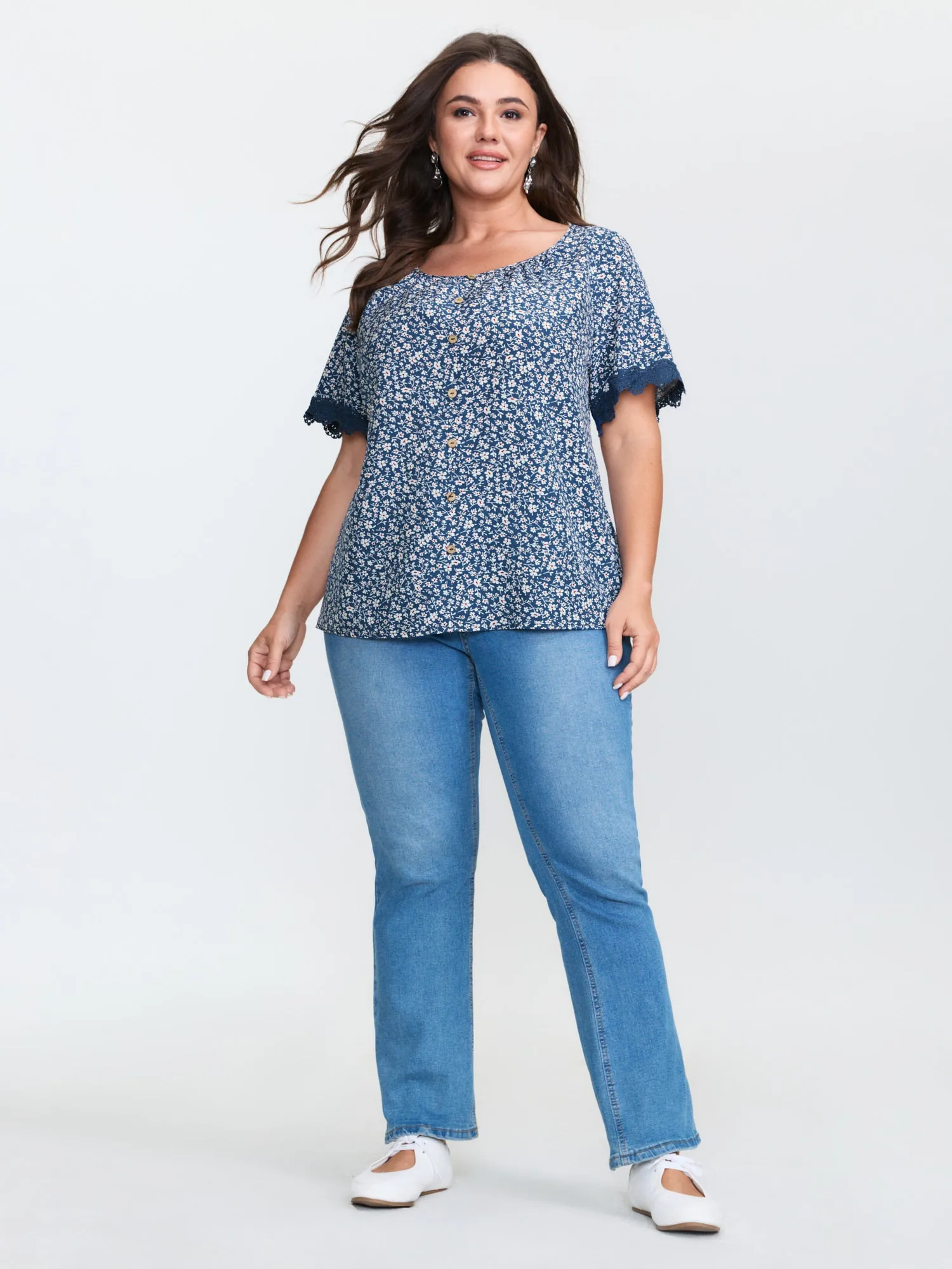 Floral Print Buttons Lace Sleeve Blouse sold by Bloomchic product image thumbnail 3