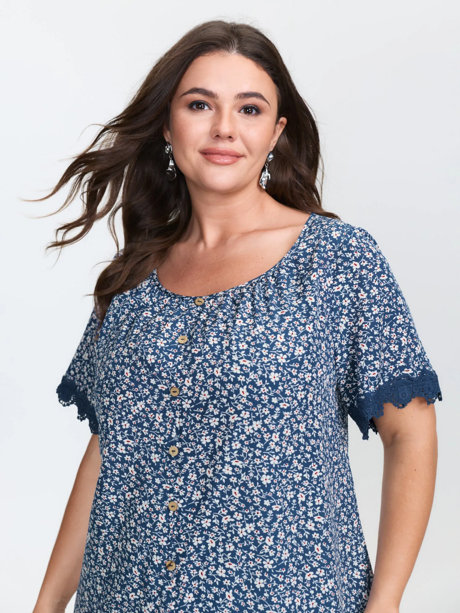 Floral Print Buttons Lace Sleeve Blouse sold by Bloomchic product image thumbnail 2