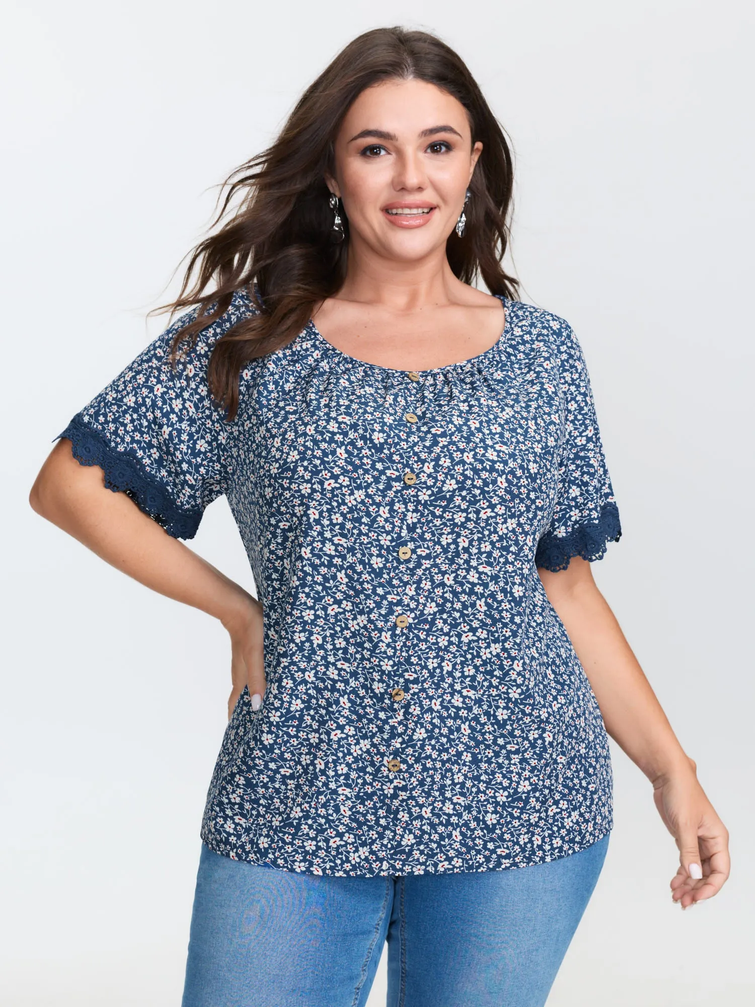 Floral Print Buttons Lace Sleeve Blouse sold by Bloomchic