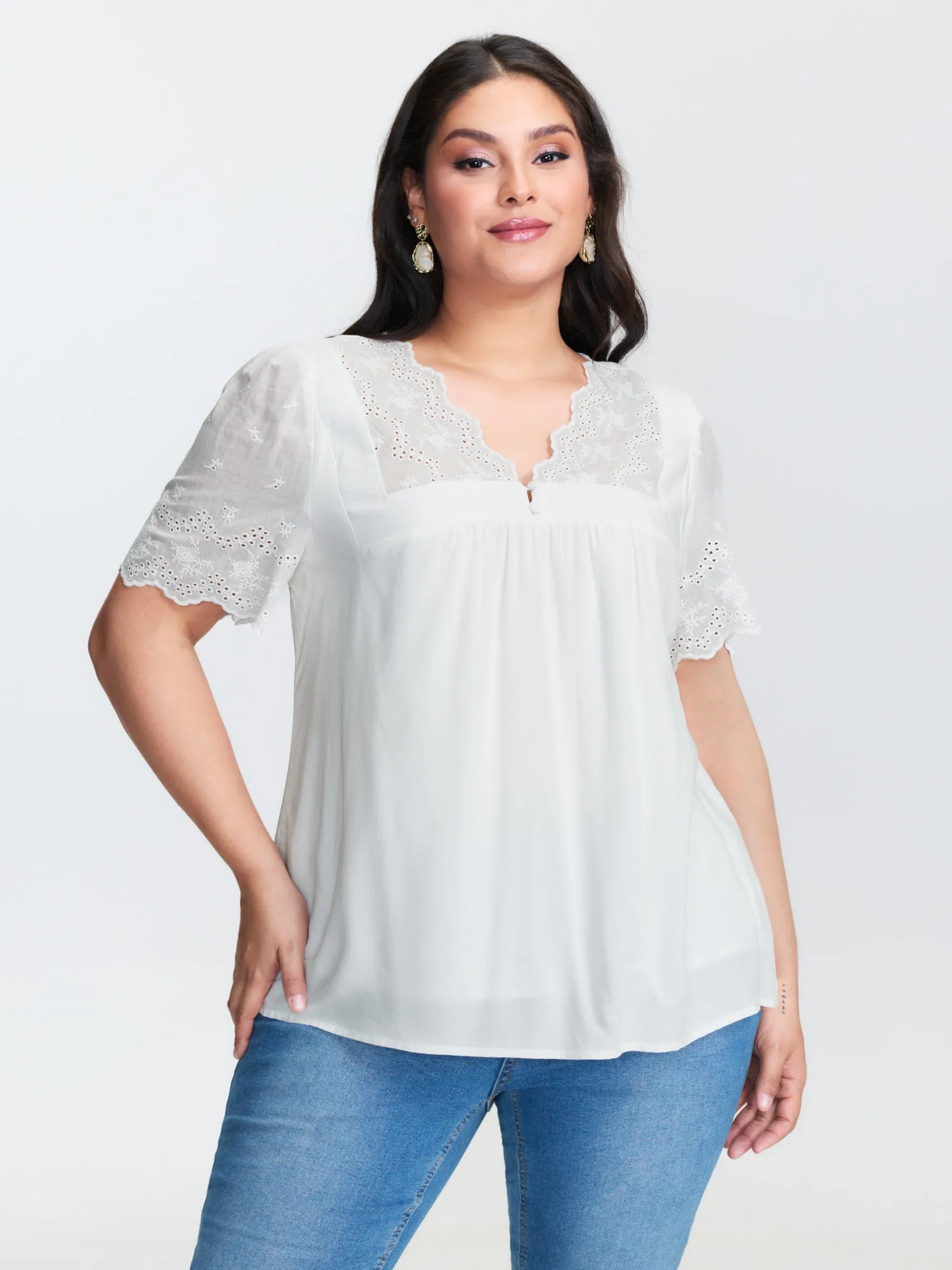 Embroidery Scalloped Sleeve Plain Blouse sold by Bloomchic