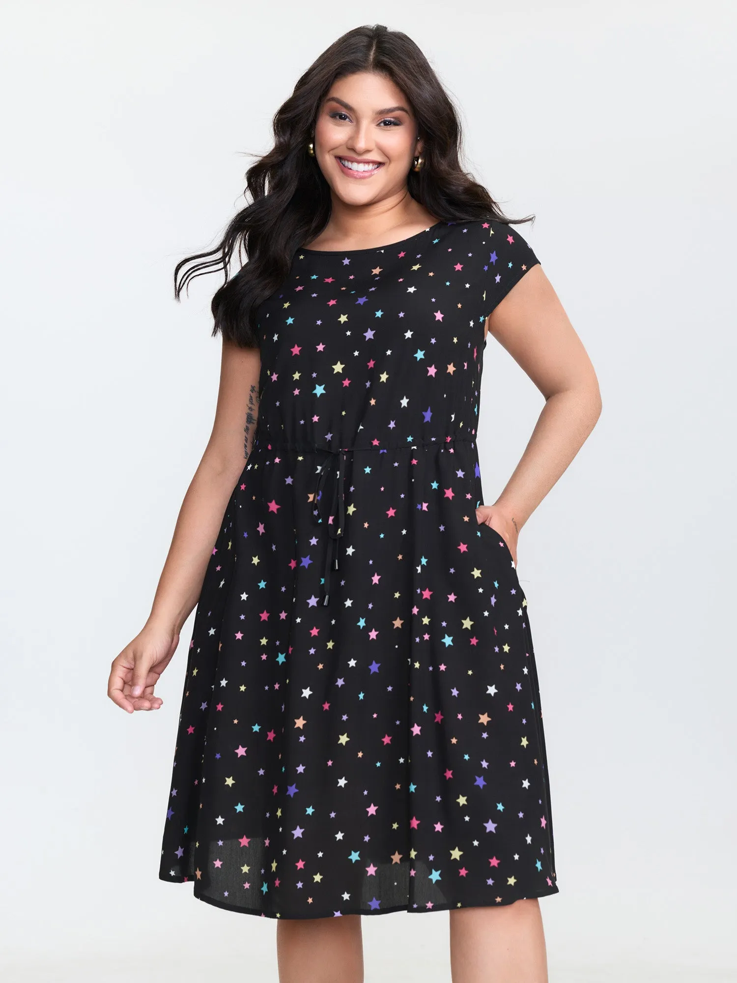Colorful Star Print Pockets Mini Dress sold by Bloomchic