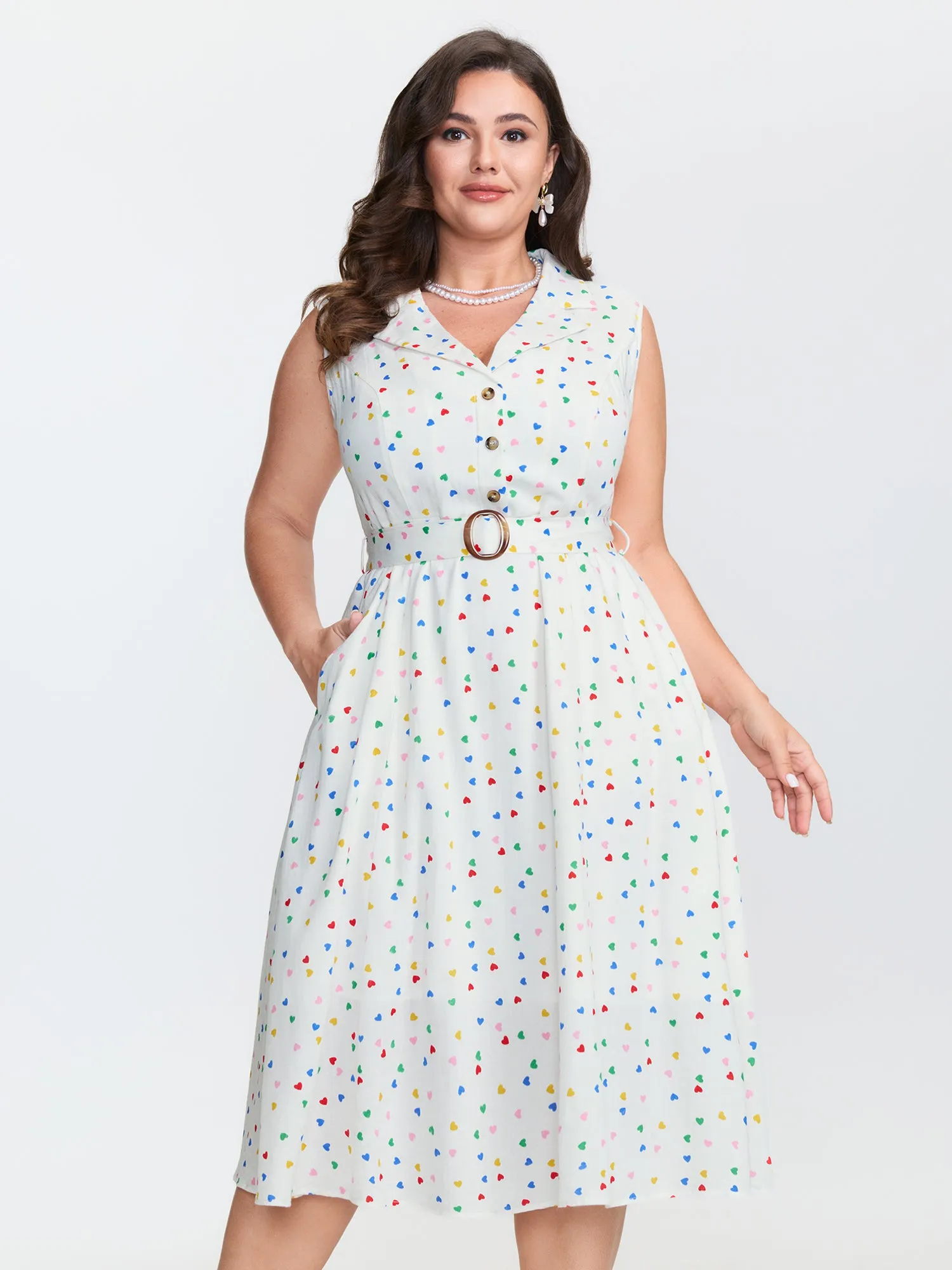 Cotton Colorful Heart Print Belted Midi Dress sold by Bloomchic
