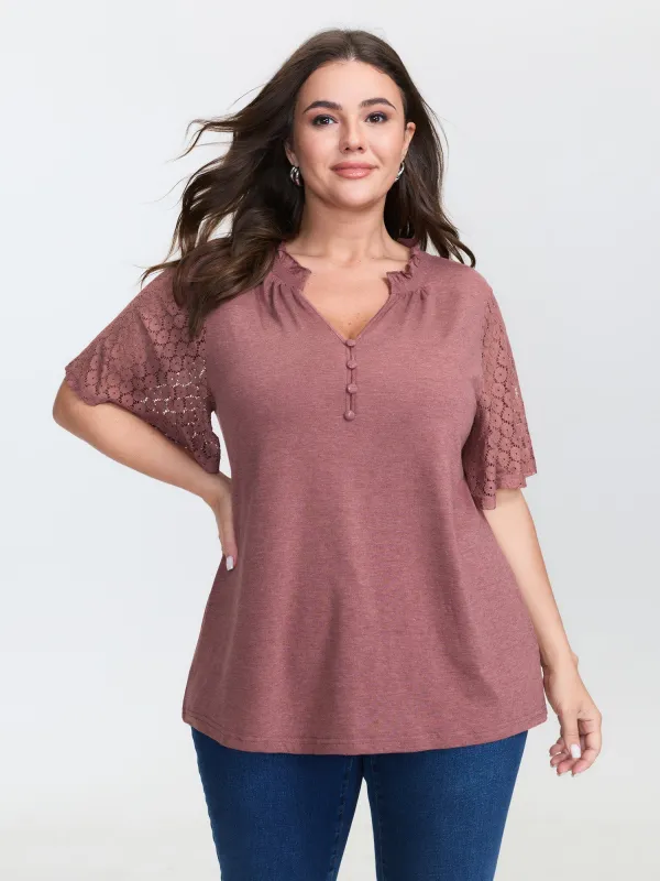 Supersoft Lace Trim Notched Collar Button T-Shirt sold by Bloomchic
