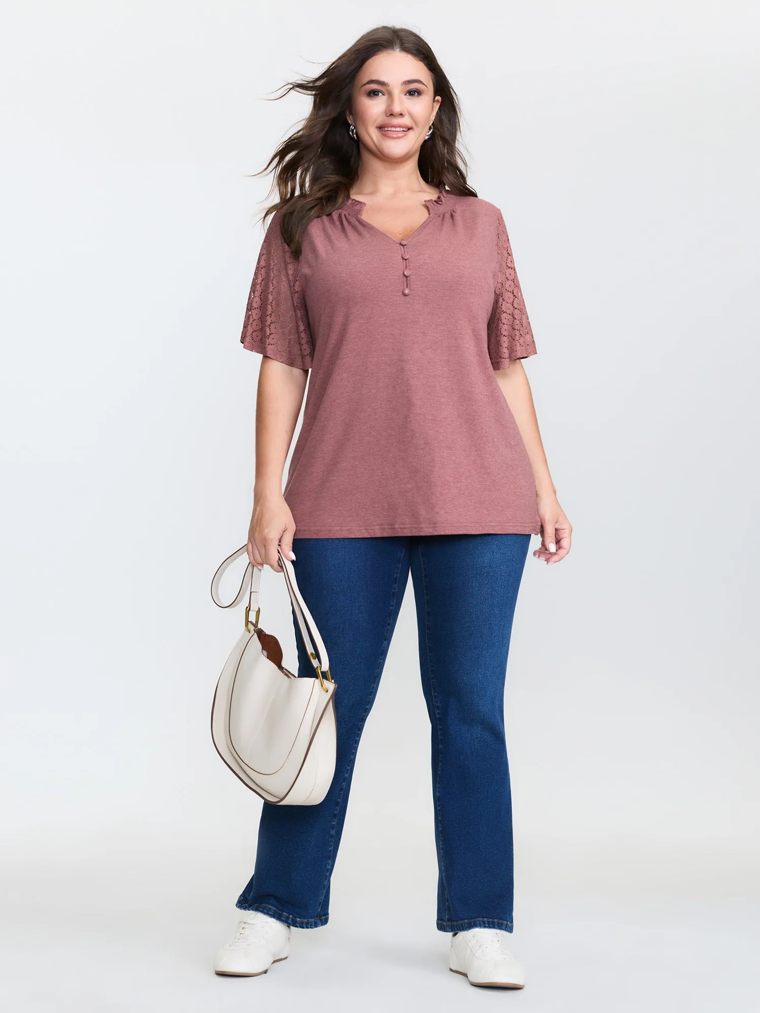 Supersoft Lace Trim Notched Collar Button T-Shirt sold by Bloomchic product image thumbnail 3