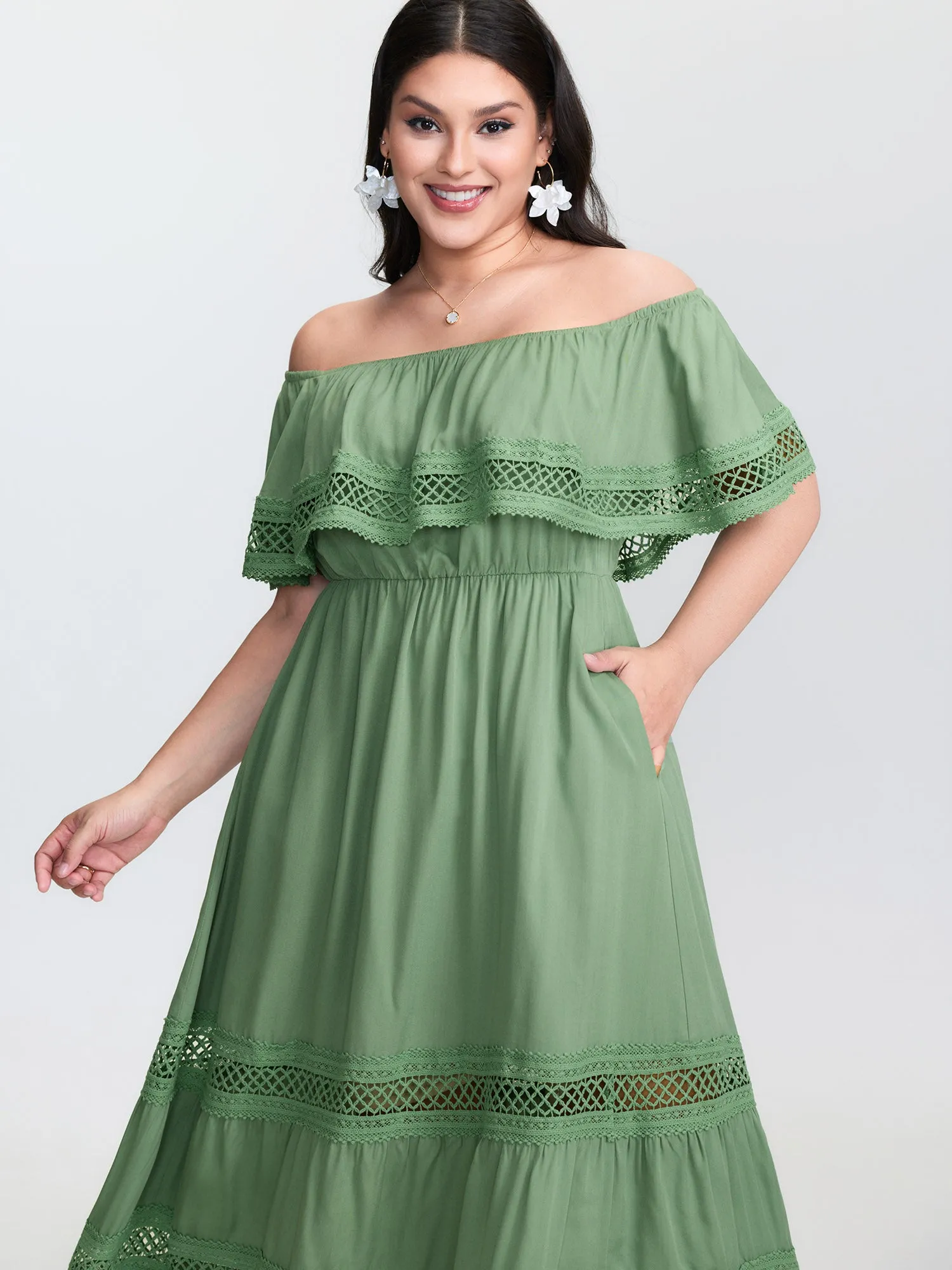 Off-Shoulder Stretchy Waist Lace Trim Maxi Dress sold by Bloomchic product image thumbnail 2