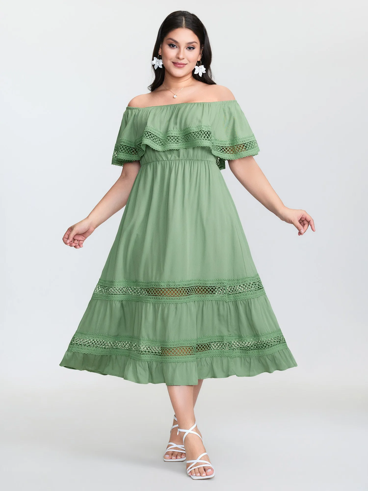 Off-Shoulder Stretchy Waist Lace Trim Maxi Dress sold by Bloomchic