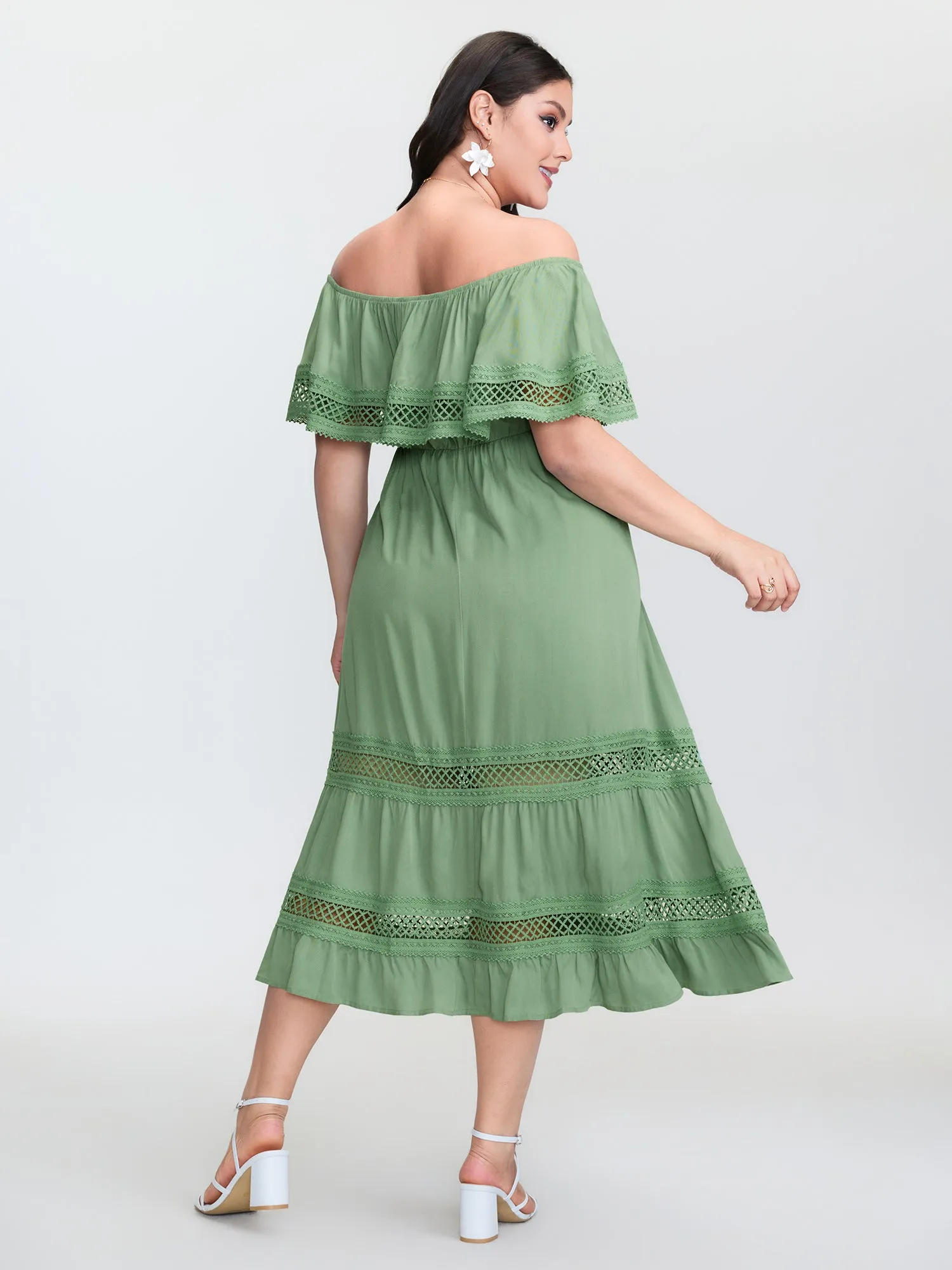 Off-Shoulder Stretchy Waist Lace Trim Maxi Dress sold by Bloomchic product image thumbnail 4