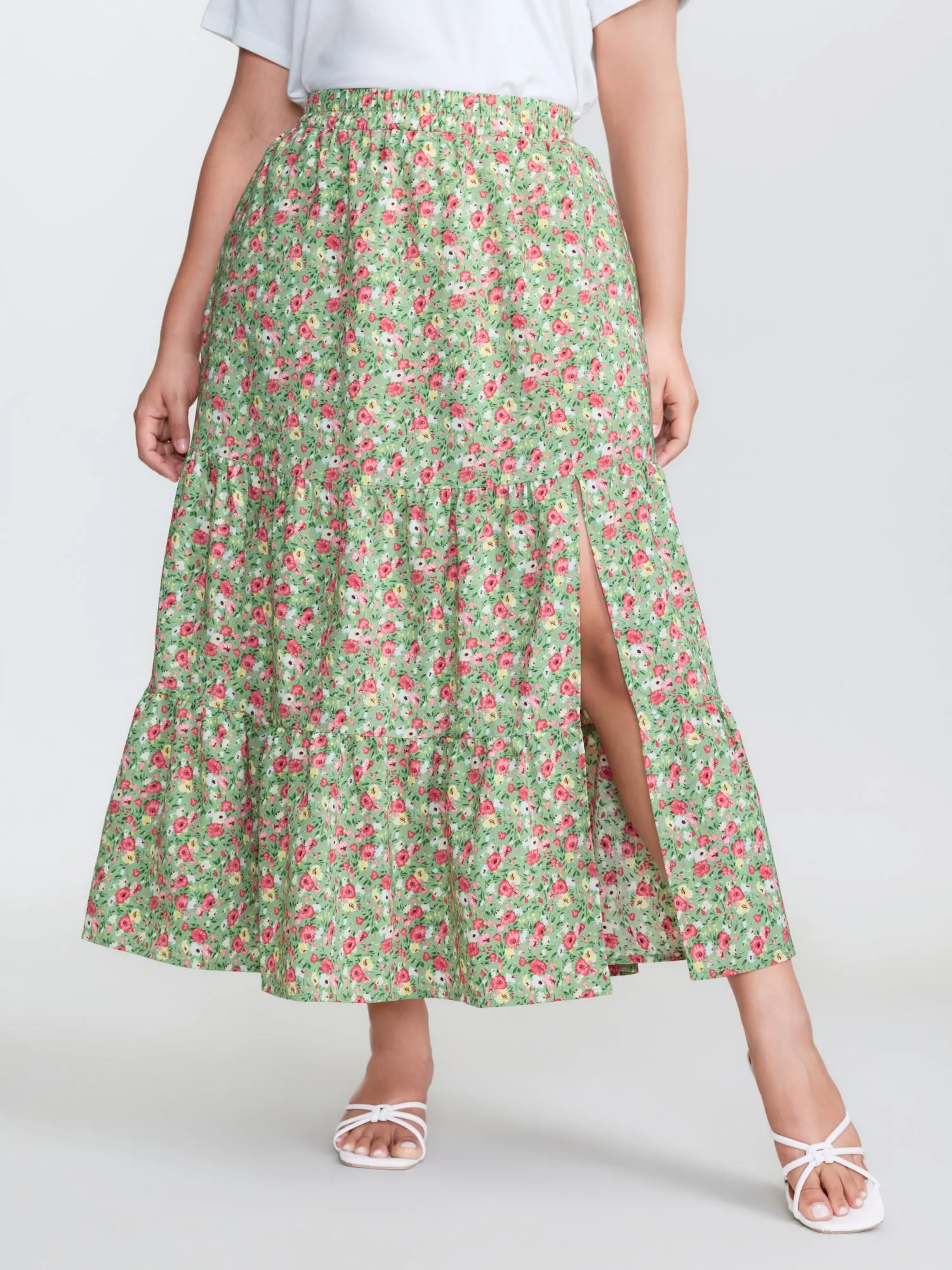 Floral Print Split Side Tiered Maxi Skirt sold by Bloomchic