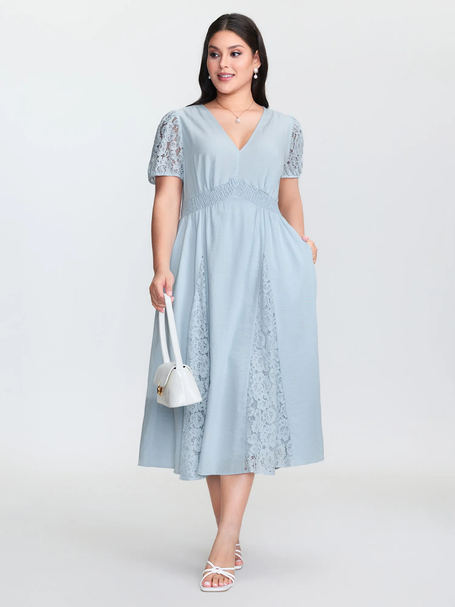 Lace Panels Shirred Waist Midi Dress sold by Bloomchic product image thumbnail 3