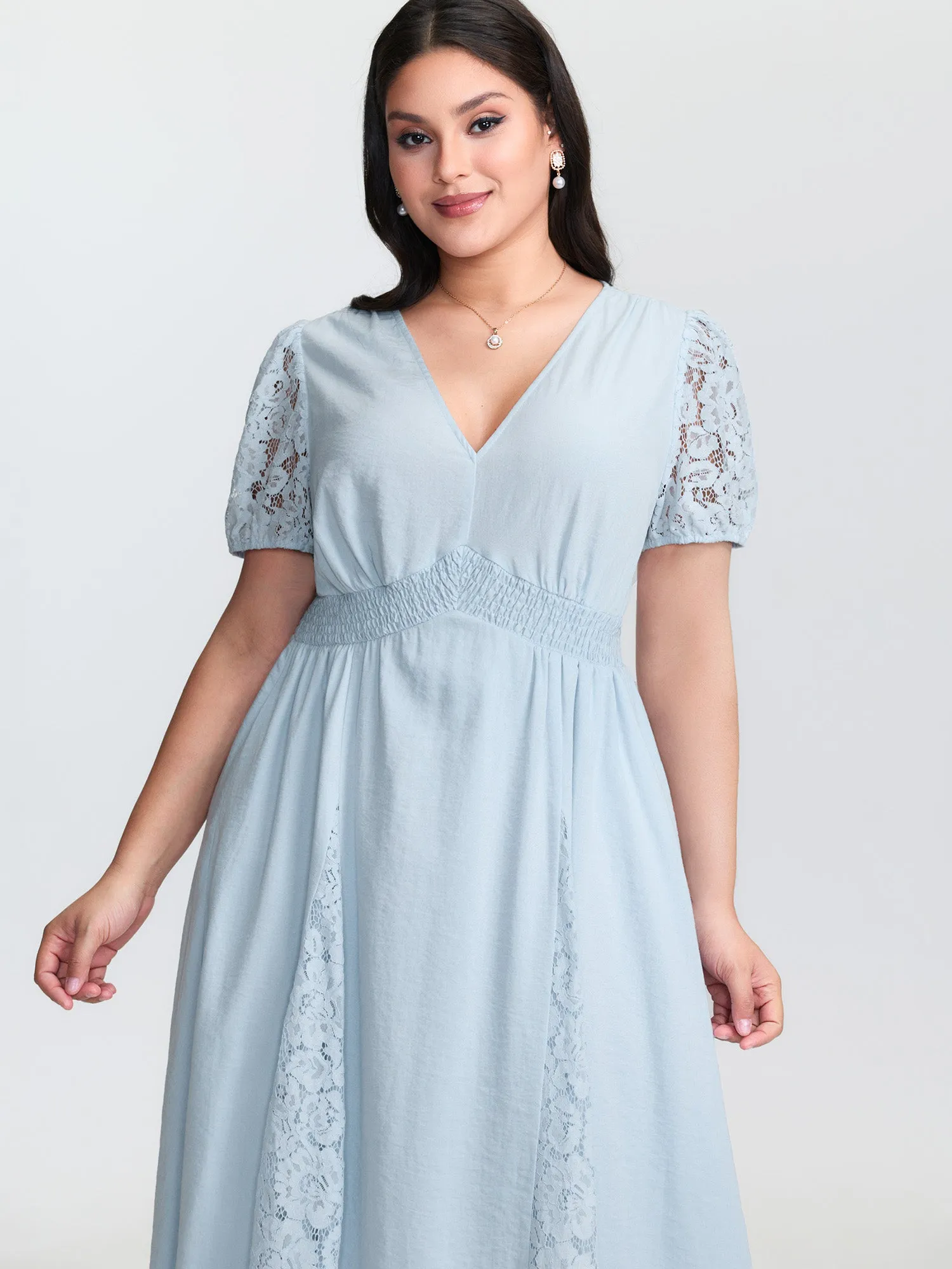 Lace Panels Shirred Waist Midi Dress sold by Bloomchic product image thumbnail 2