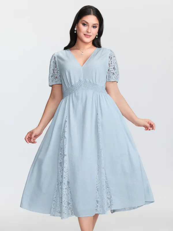 Lace Panels Shirred Waist Midi Dress sold by Bloomchic