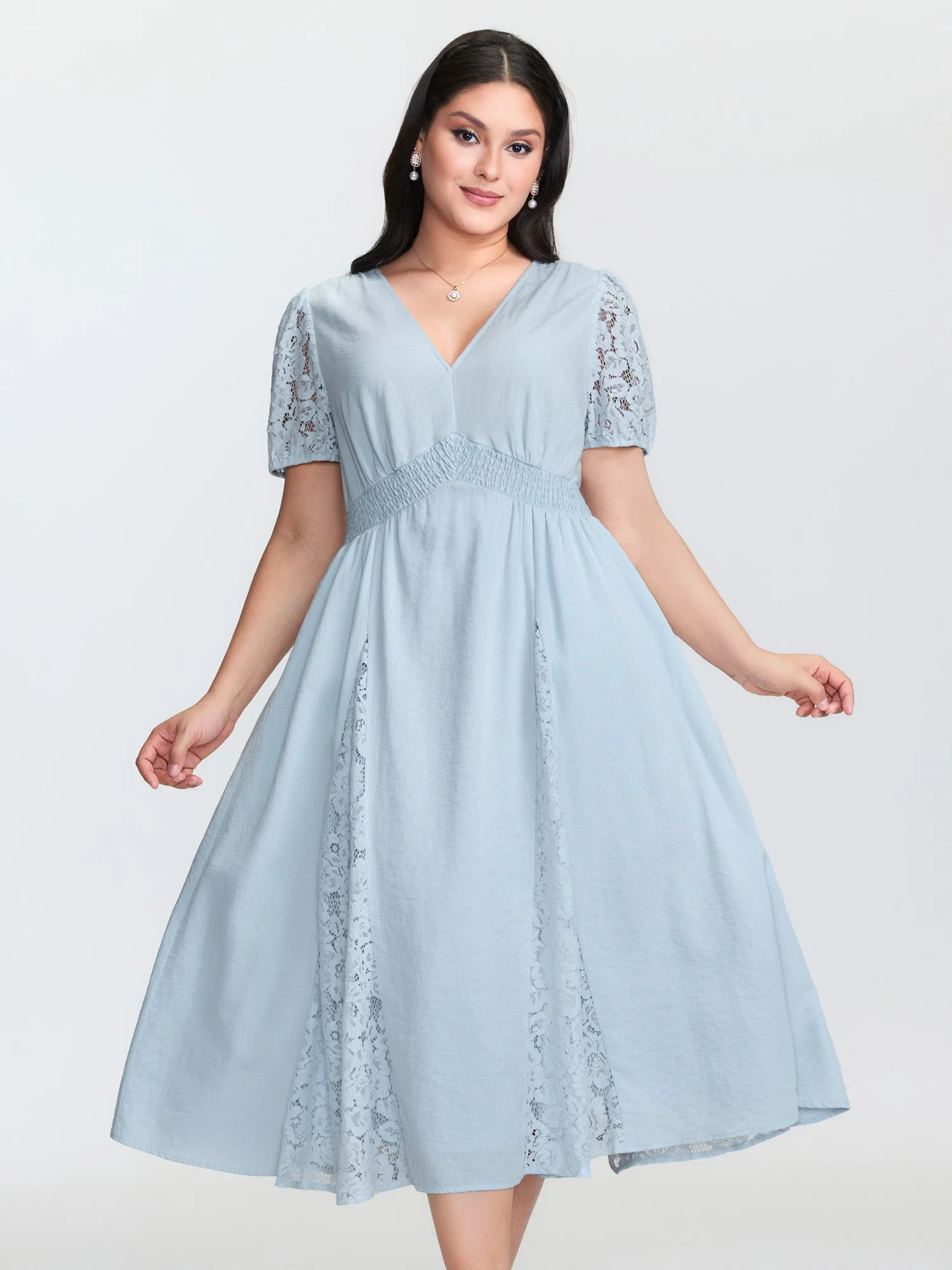 Lace Panels Shirred Waist Midi Dress sold by Bloomchic