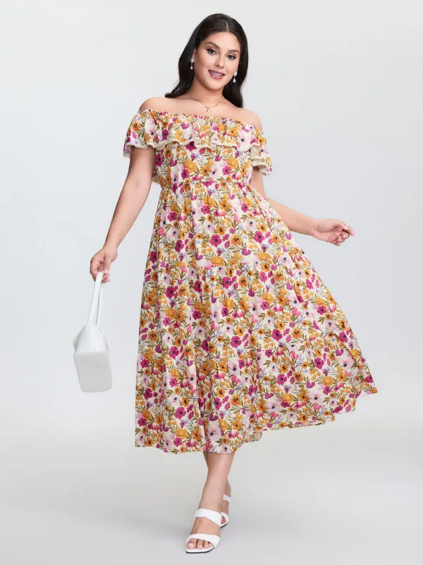 Floral Print Off-Shoulder Stretchy Waist Maxi Dress sold by Bloomchic