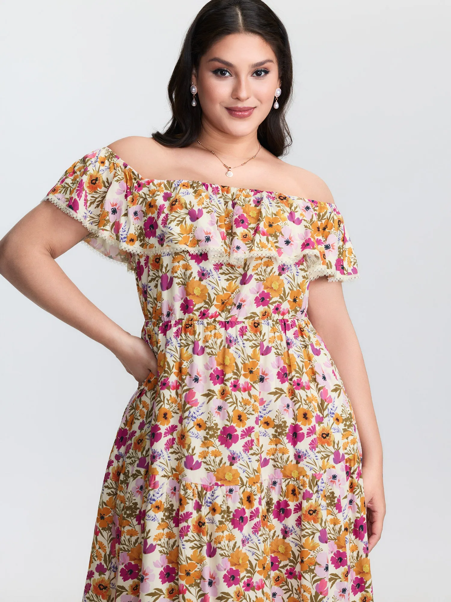 Floral Print Off-Shoulder Stretchy Waist Maxi Dress sold by Bloomchic product image thumbnail 2
