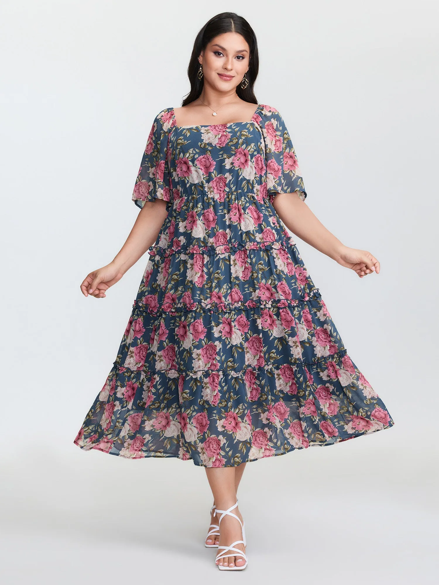 Floral Print Mesh Ruffled Maxi Dress sold by Bloomchic