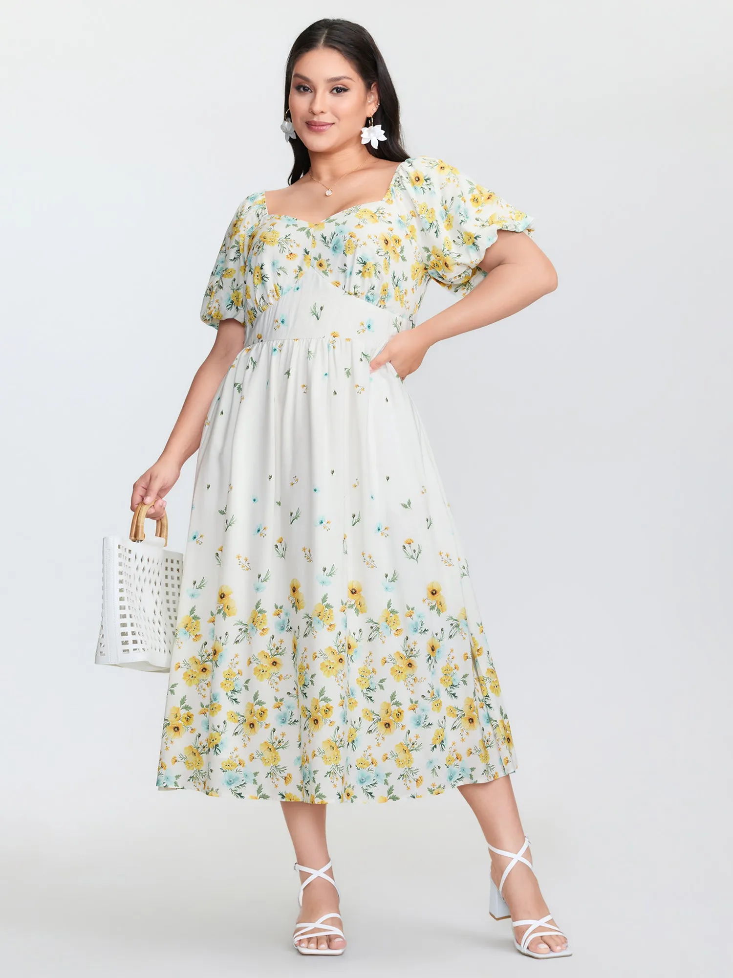 Floral Print Shirred Bodice Triangular Waist Midi Dress sold by Bloomchic