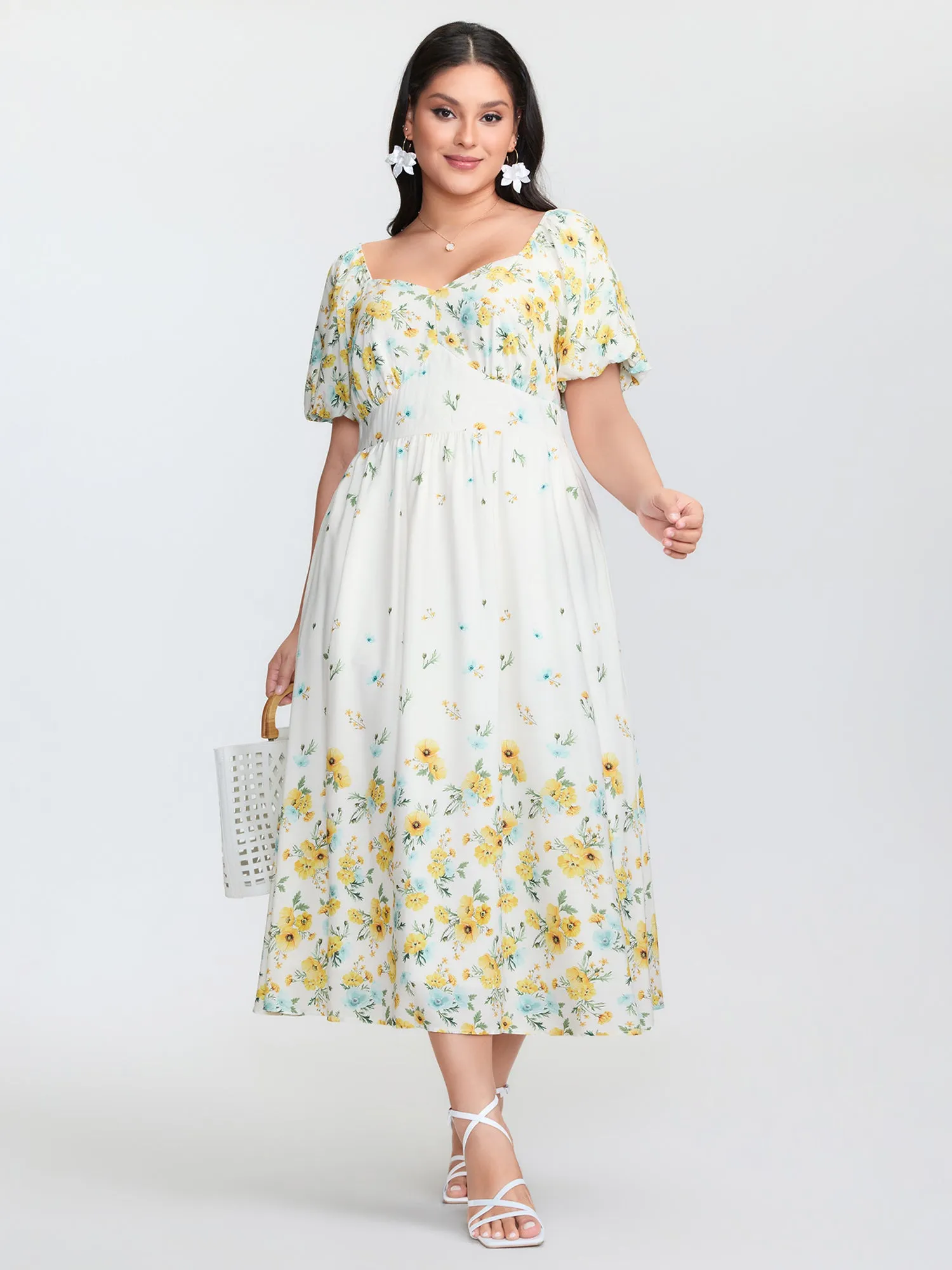 Floral Print Shirred Bodice Triangular Waist Midi Dress sold by Bloomchic product image thumbnail 3