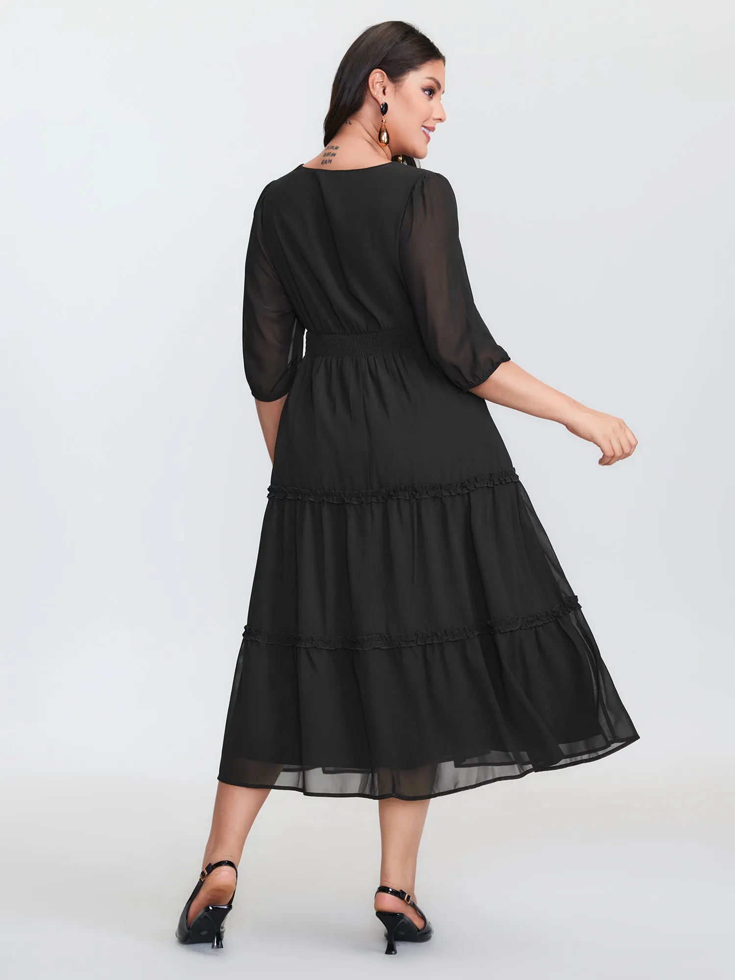 Sheer Chiffon Cinched Waist Tiered Midi Dress sold by Bloomchic product image thumbnail 4