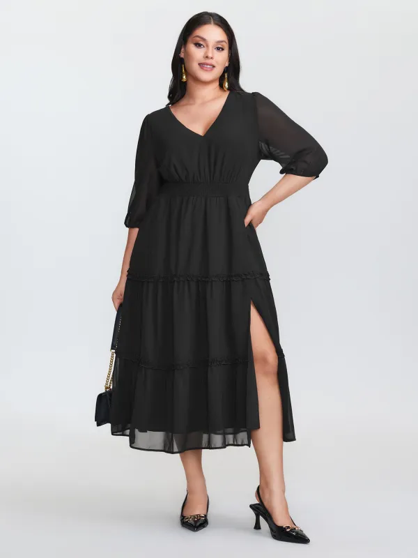 Sheer Chiffon Cinched Waist Tiered Midi Dress sold by Bloomchic