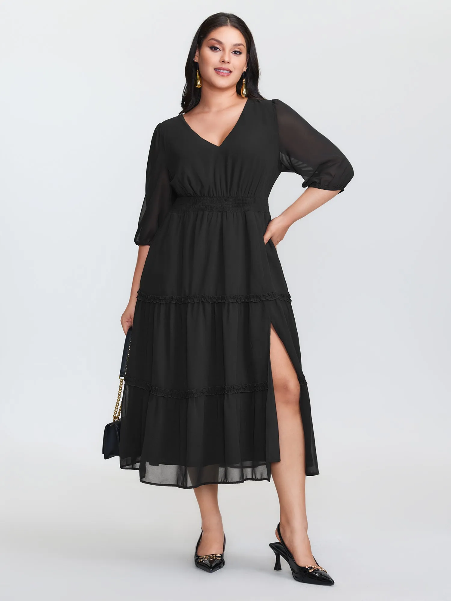 Sheer Chiffon Cinched Waist Tiered Midi Dress sold by Bloomchic