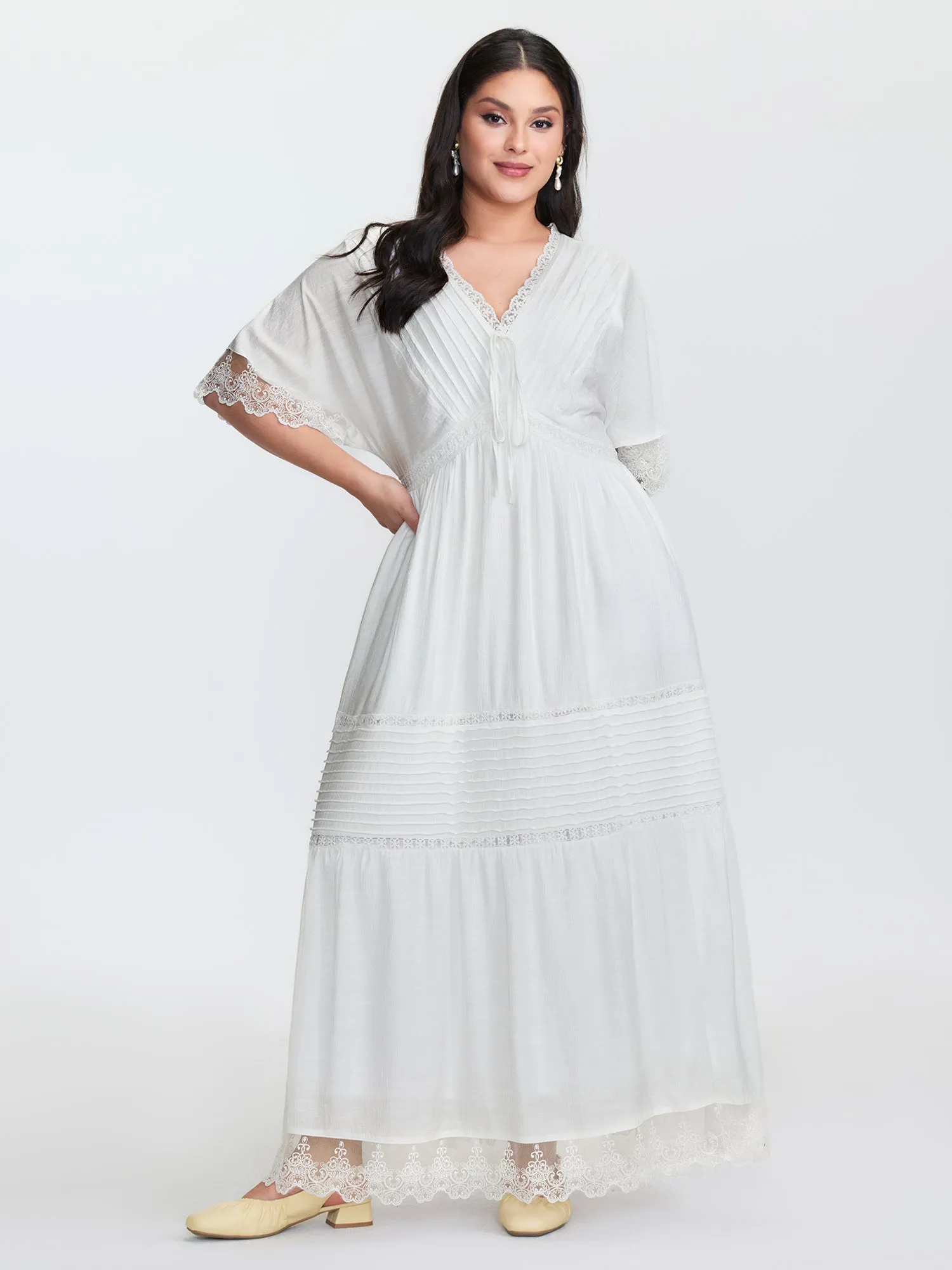 Pleated Neckline Romantic Lace Ruffled Maxi Dress sold by Bloomchic