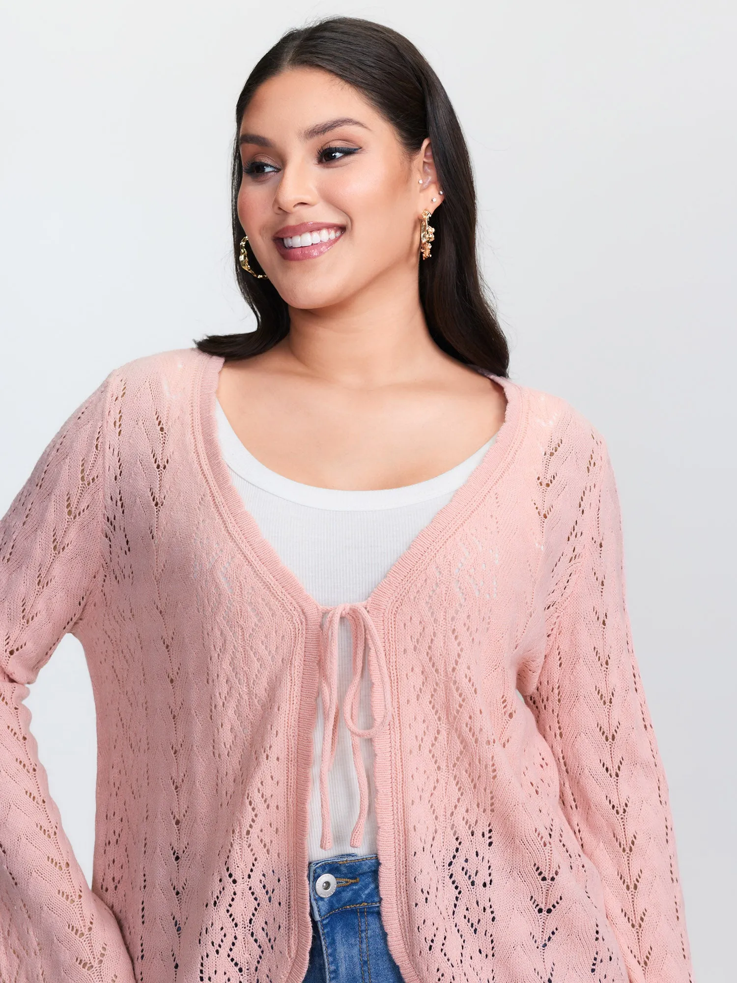 Cut-Out Curvy Front-Tie Knit Cardigan sold by Bloomchic product image thumbnail 4