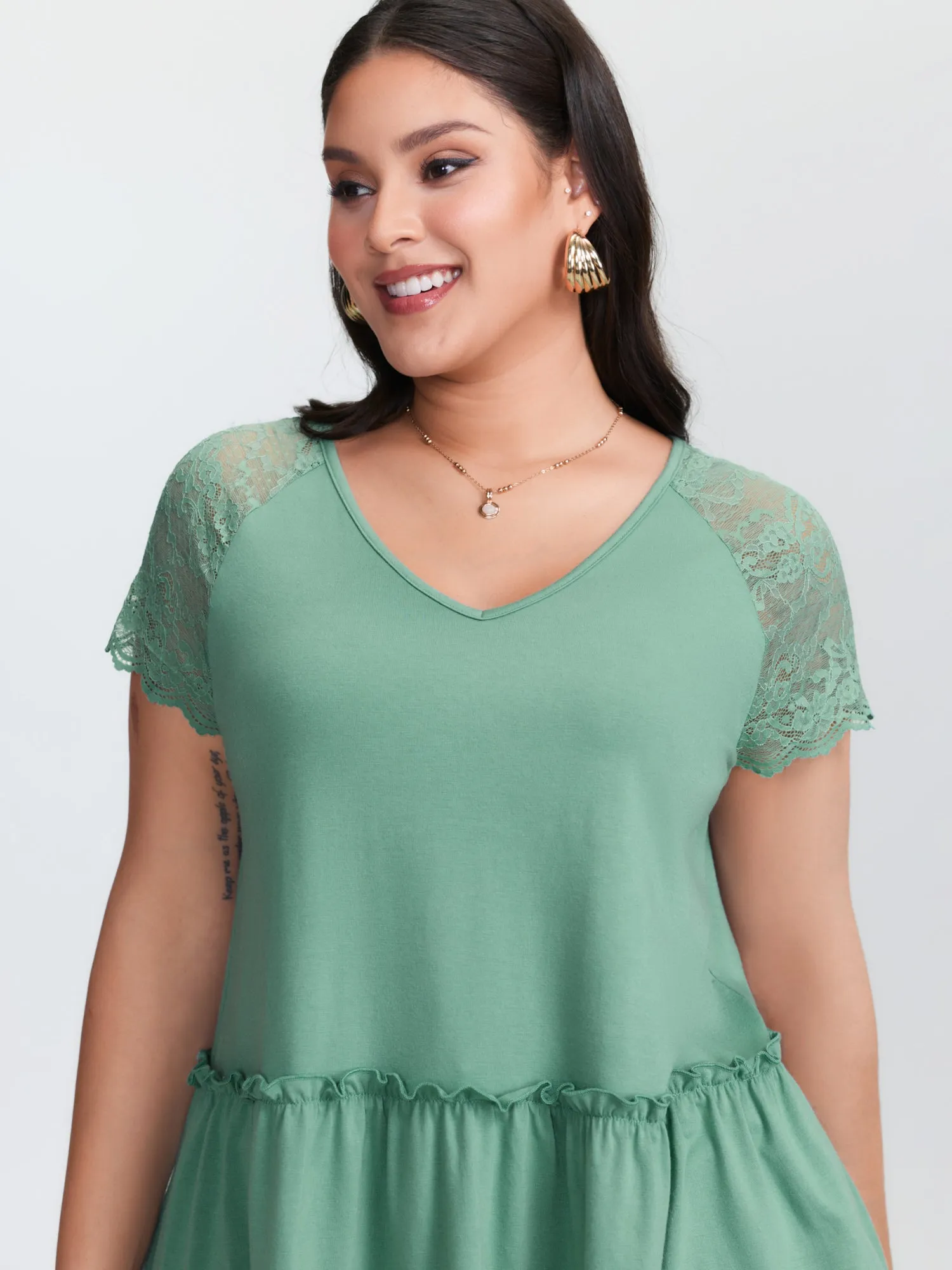 Sheer Lace Sleeve Ruffled Hem T-Shirt sold by Bloomchic product image thumbnail 2