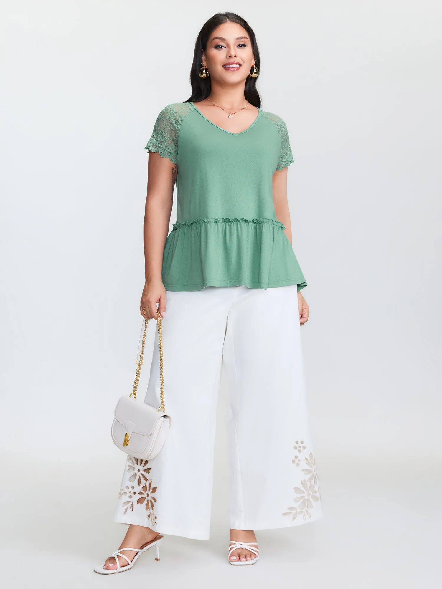 Sheer Lace Sleeve Ruffled Hem T-Shirt sold by Bloomchic product image thumbnail 3